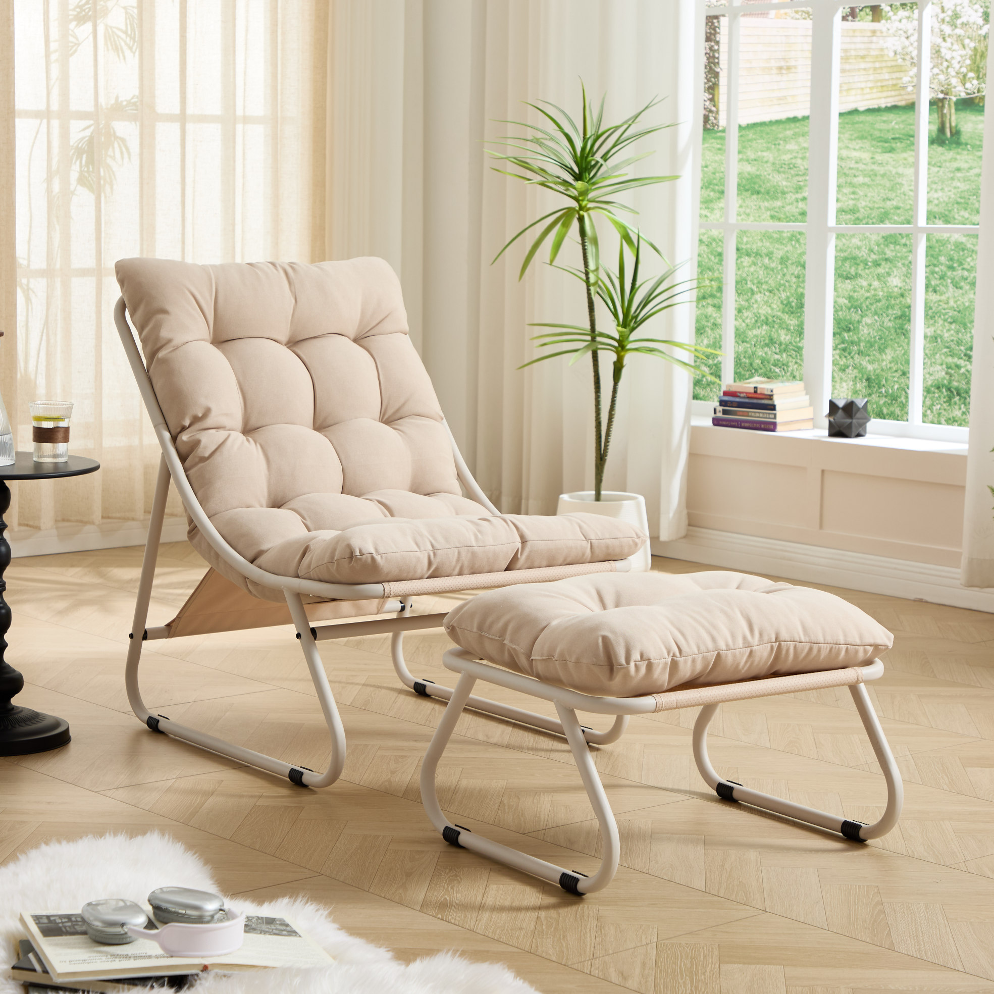 Outdoor-sessel Mit Ottoman, 65 X 78 X 86 Cm, Stahl, Beige Okmyhome