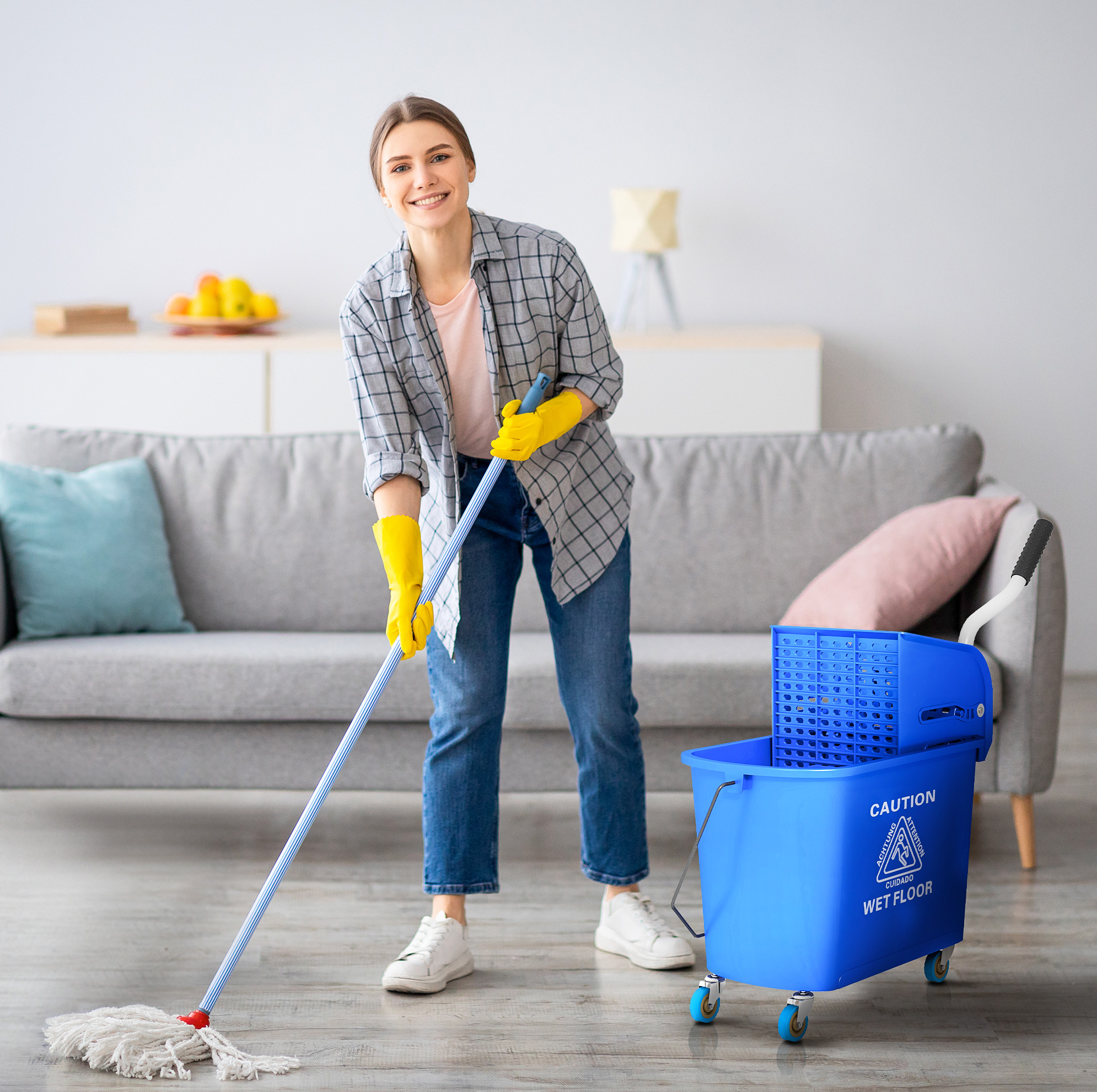 Reinigungswagen Mit 20-l-eimer, Auswringer, Trennwand, 4 Rädern, Blau Okmyhome