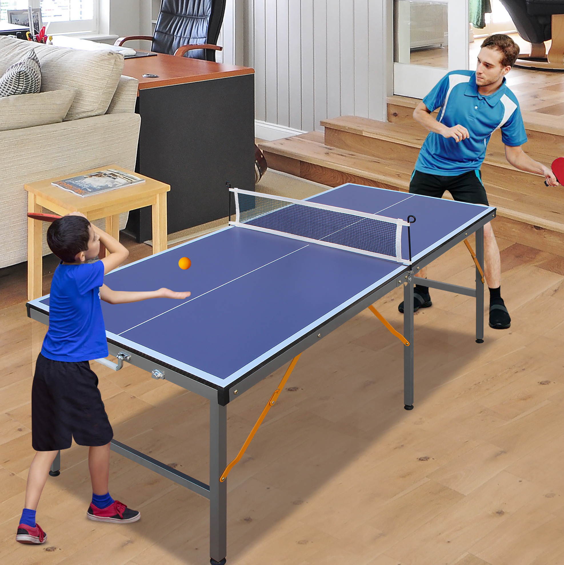 Klappbarer Blauer Tischtennistisch Mit Netz, 2 Schlägern Und 3 Bällen Okmyhome