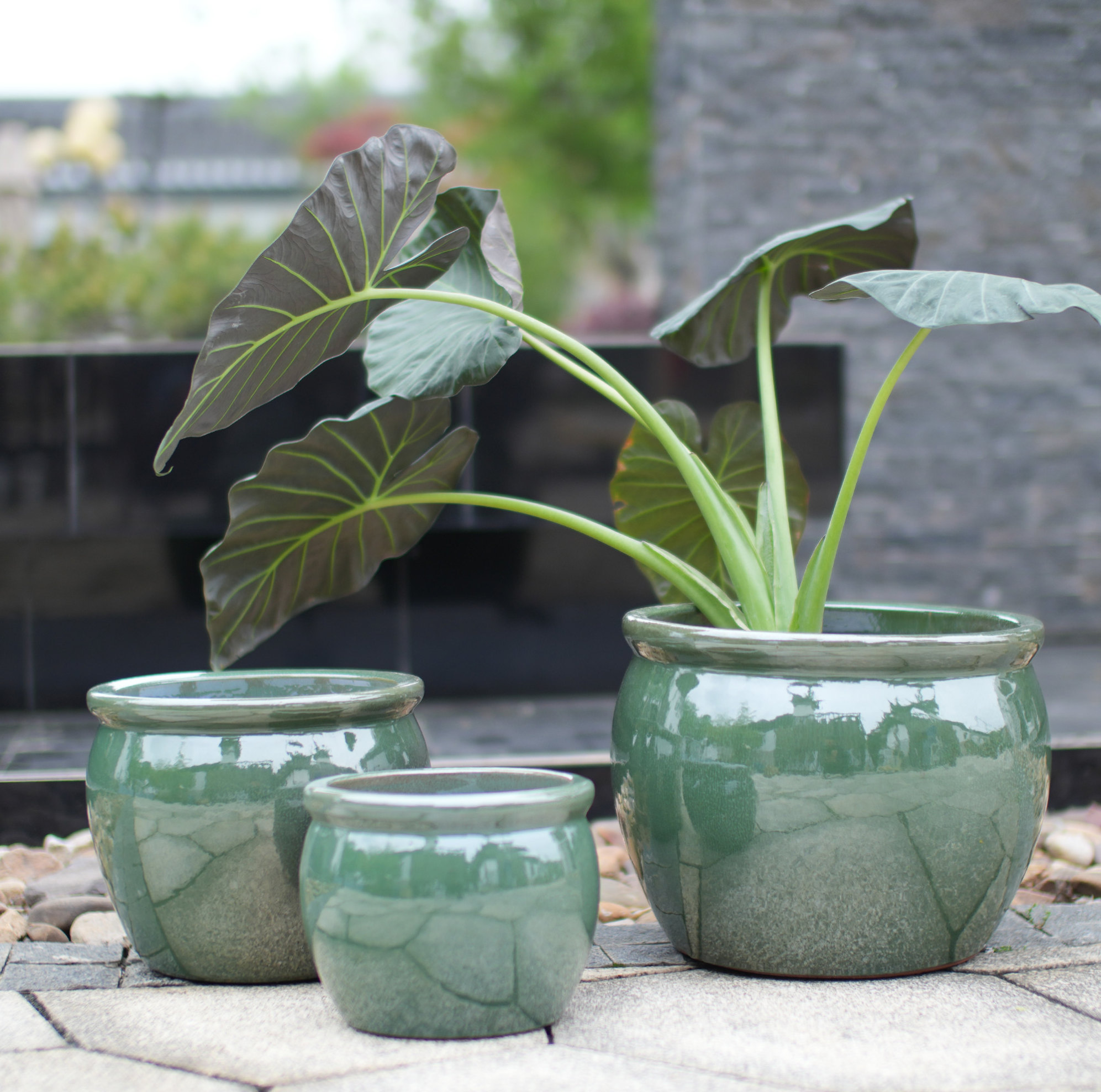 Set Aus 3 Keramiktöpfen Ø 37/30/23 Cm, Antik Blaugrün, Mit Drainagelöchern Okmyhome