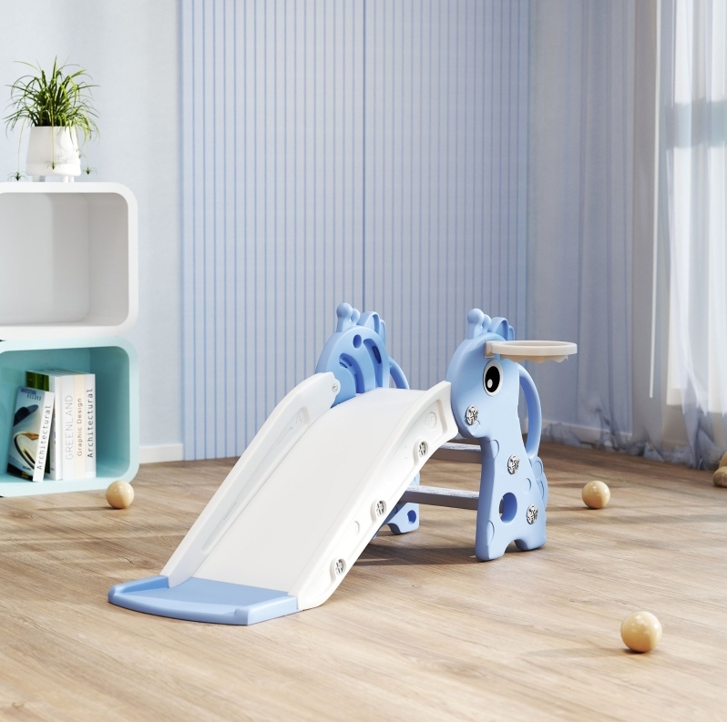 3-in-1 Kinderrutsche In Giraffenform Mit Basketballkorb Und Ball, Blau, Okmyhome