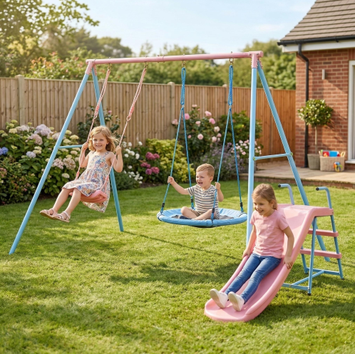 Kinderschaukel Mit Rutsche, 2 Sitze, Stahl, Blau Und Rosa Okmyhome