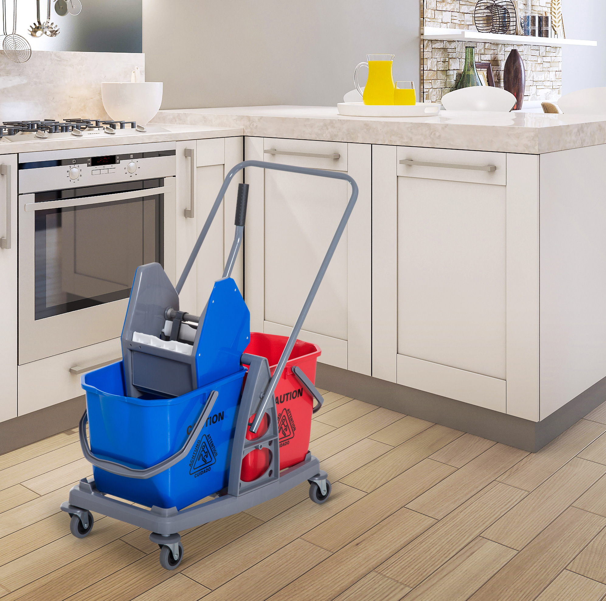 Reinigungswagen Mit 2 Eimern, Auswringer Und 4 Rollen, Metall/pp, Blau/rot Okmyhome