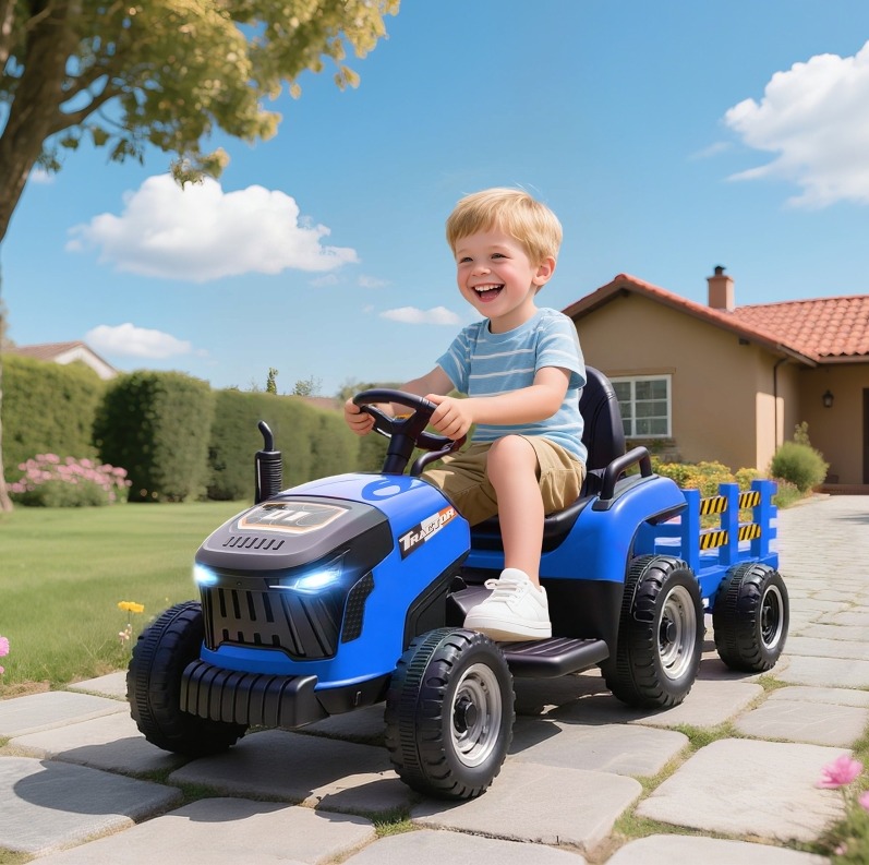 2-in-1 Elektrotraktor Für Kinder Mit Anhänger, 12 V, Blau Okmyhome