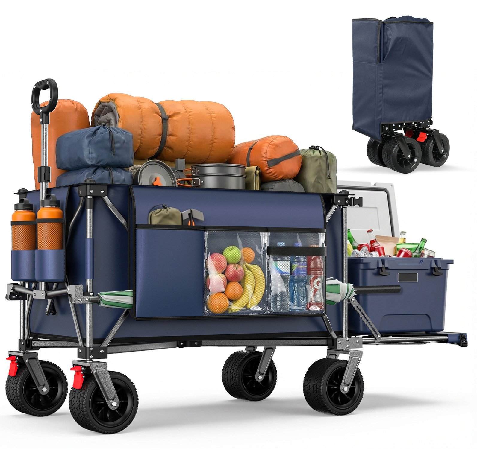 Faltbarer Bollerwagen 140 Cm Mit Ausziehbarer Heckklappe, 17 X 10 Cm Rädern, Blaugrau Okmyhome