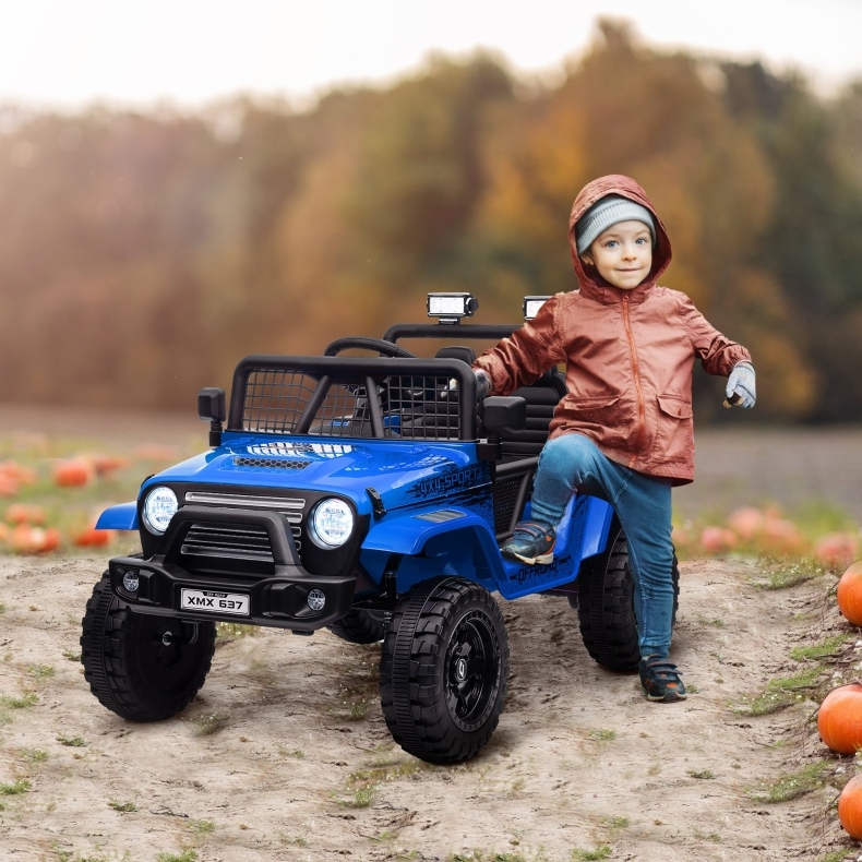 12-v-elektrokinderauto Mit Fernbedienung, Led, Hupe, 2 Motoren, Blau Okmyhome