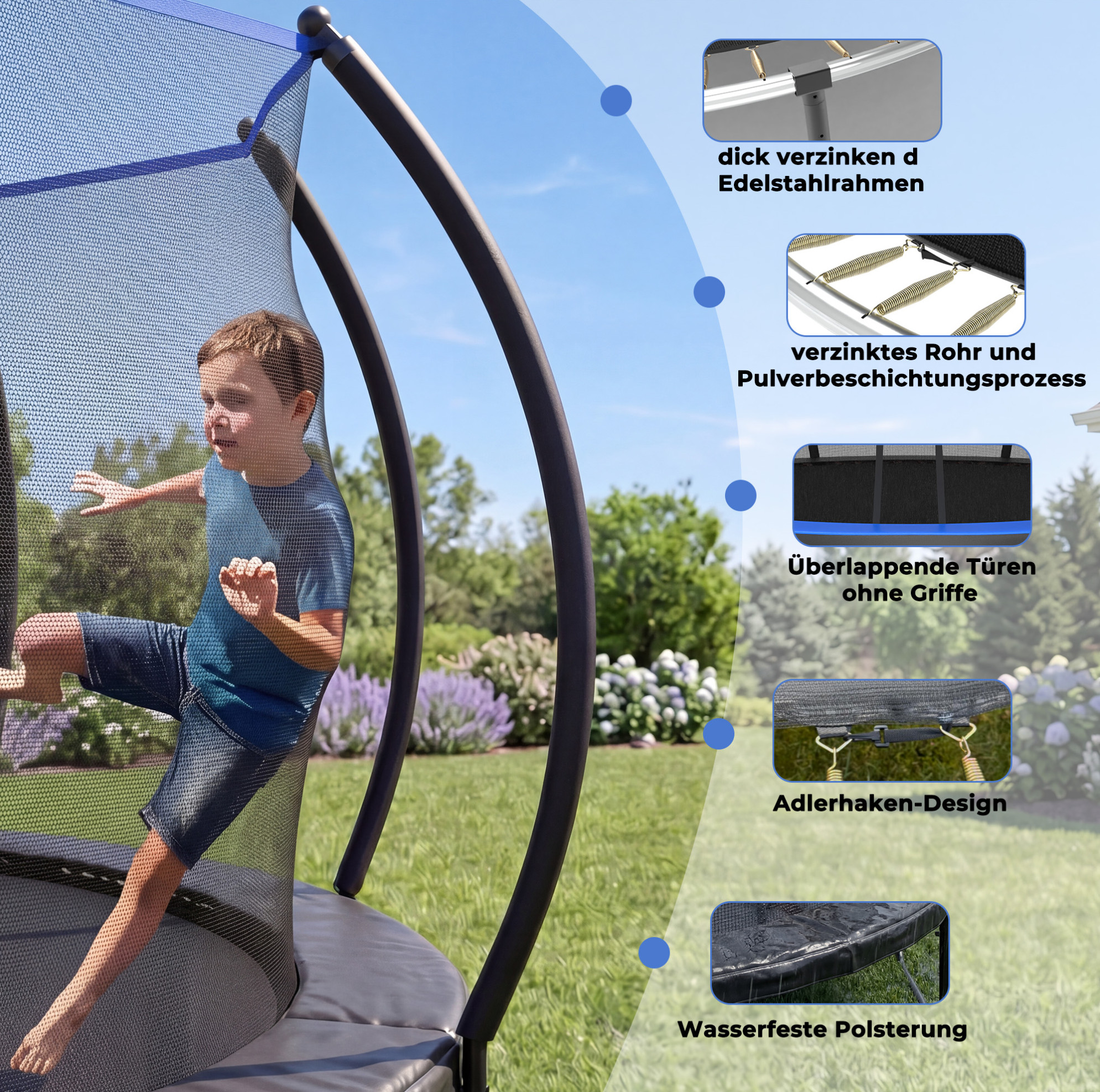 Trampolin 7,5 Ft Mit Sicherheitsnetz Und Leiter, Ø 228 Cm, Schwarz Und Blau Okmyhome