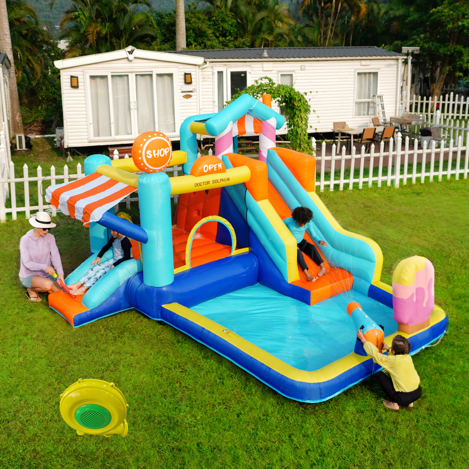 Aufblasbares Kinder-spielcenter Mit Wasserrutsche, 450 W, Bunt Blau, Okmyhome