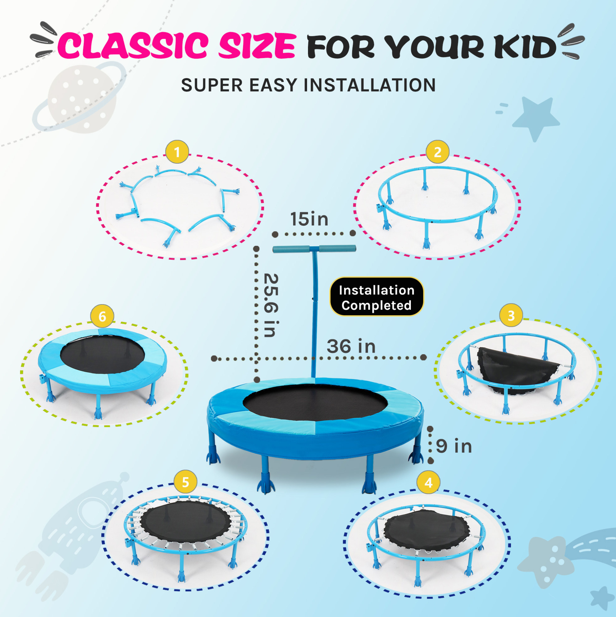 Kindertrampolin 91 Cm Blau Mit Haltegriff, 7 Füße, Stahl Okmyhome