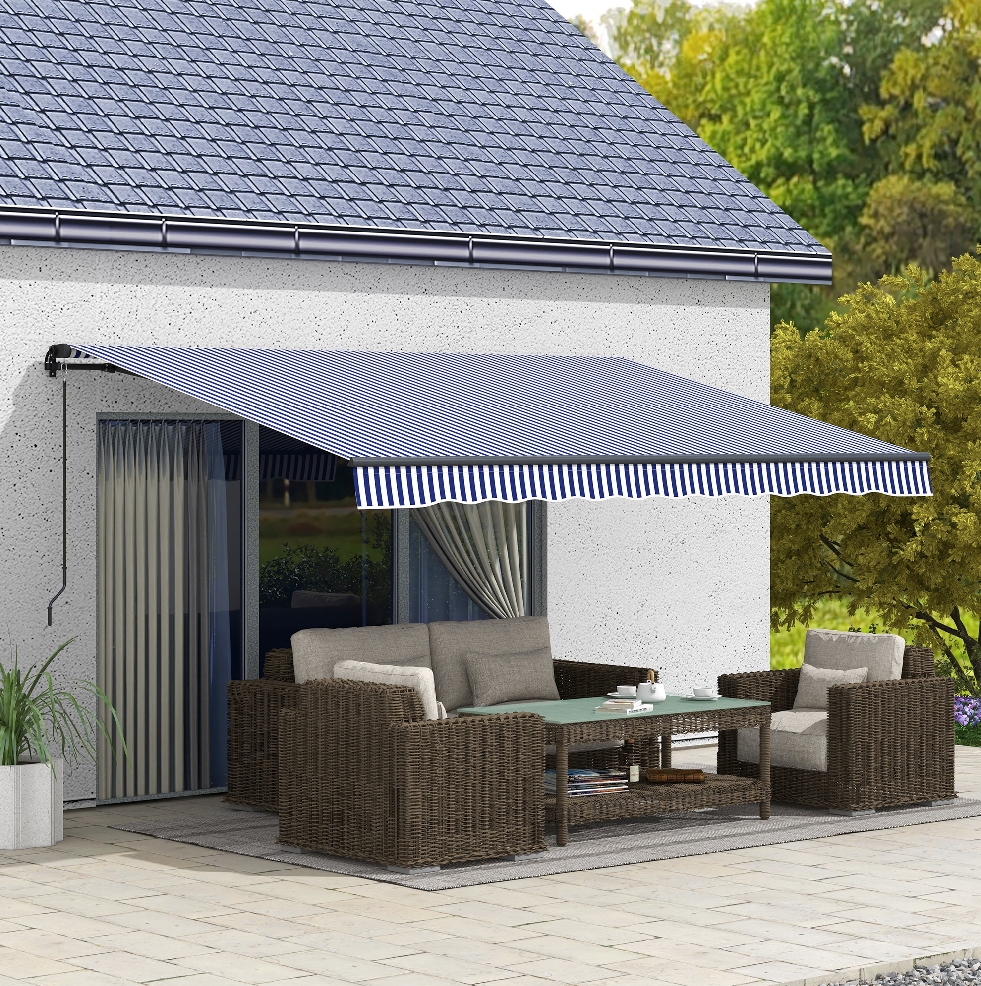 4 X 3 M Wandmarkise Mit Kurbel, Uv30+ Sonnenschutz, Blau-weiß Okmyhome