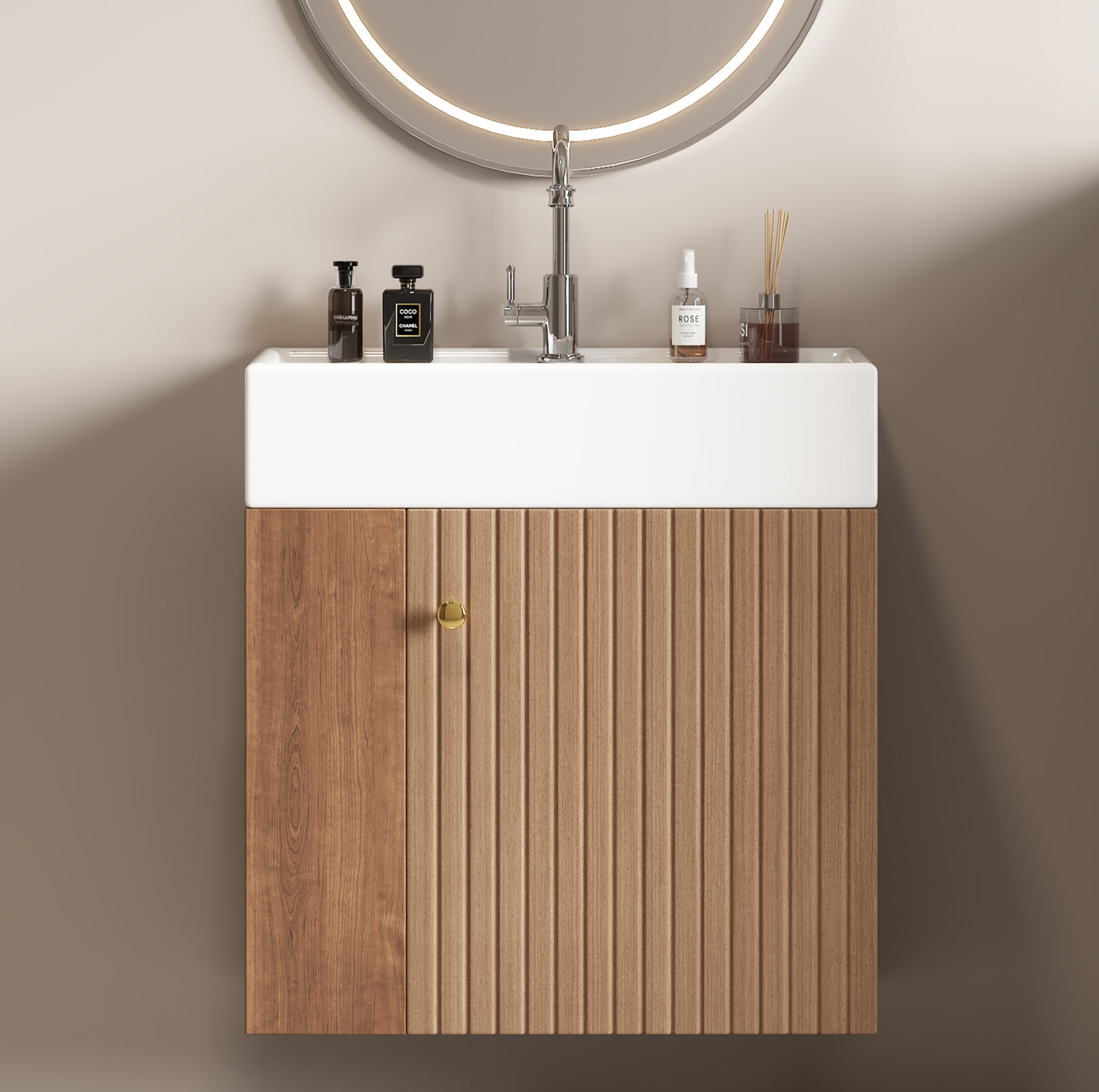 Badezimmermöbel Mit Waschbecken 55 Cm, Wandmontiert, Mdf Braun Okmyhome