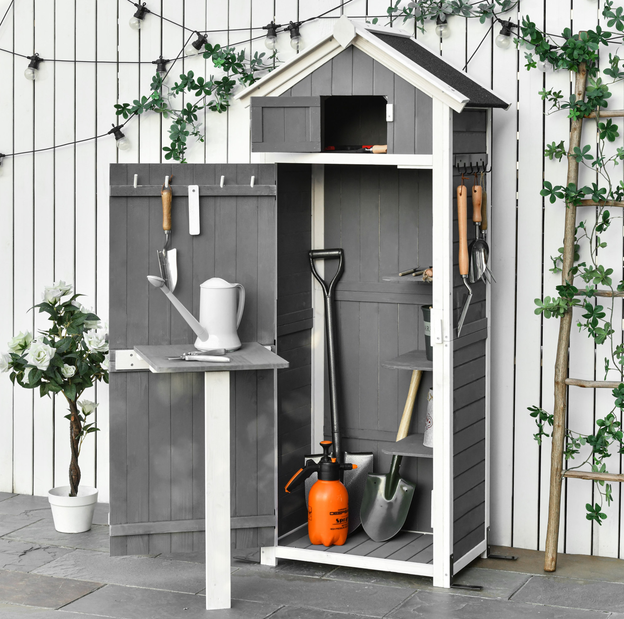 Gartenholzschrank Grau 78 X 52,5 X 182 Cm Mit Tür, Schrägdach Und Klapptisch Okmyhome