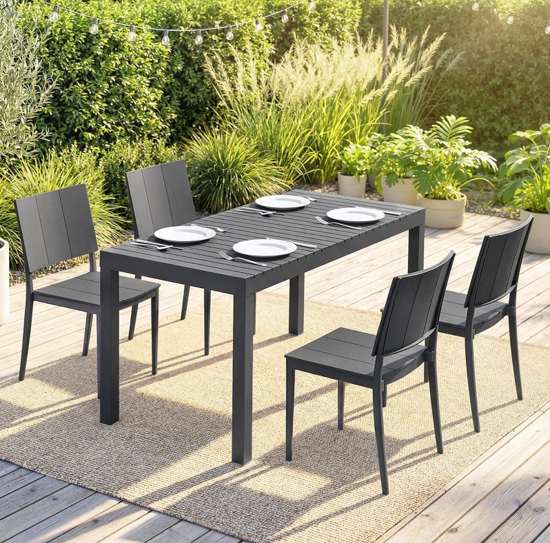 5-teiliges Gartenmöbel-set Mit Rechteckigem Tisch Und 4 Stapelbaren Stühlen, Dunkelgrau Okmyhome