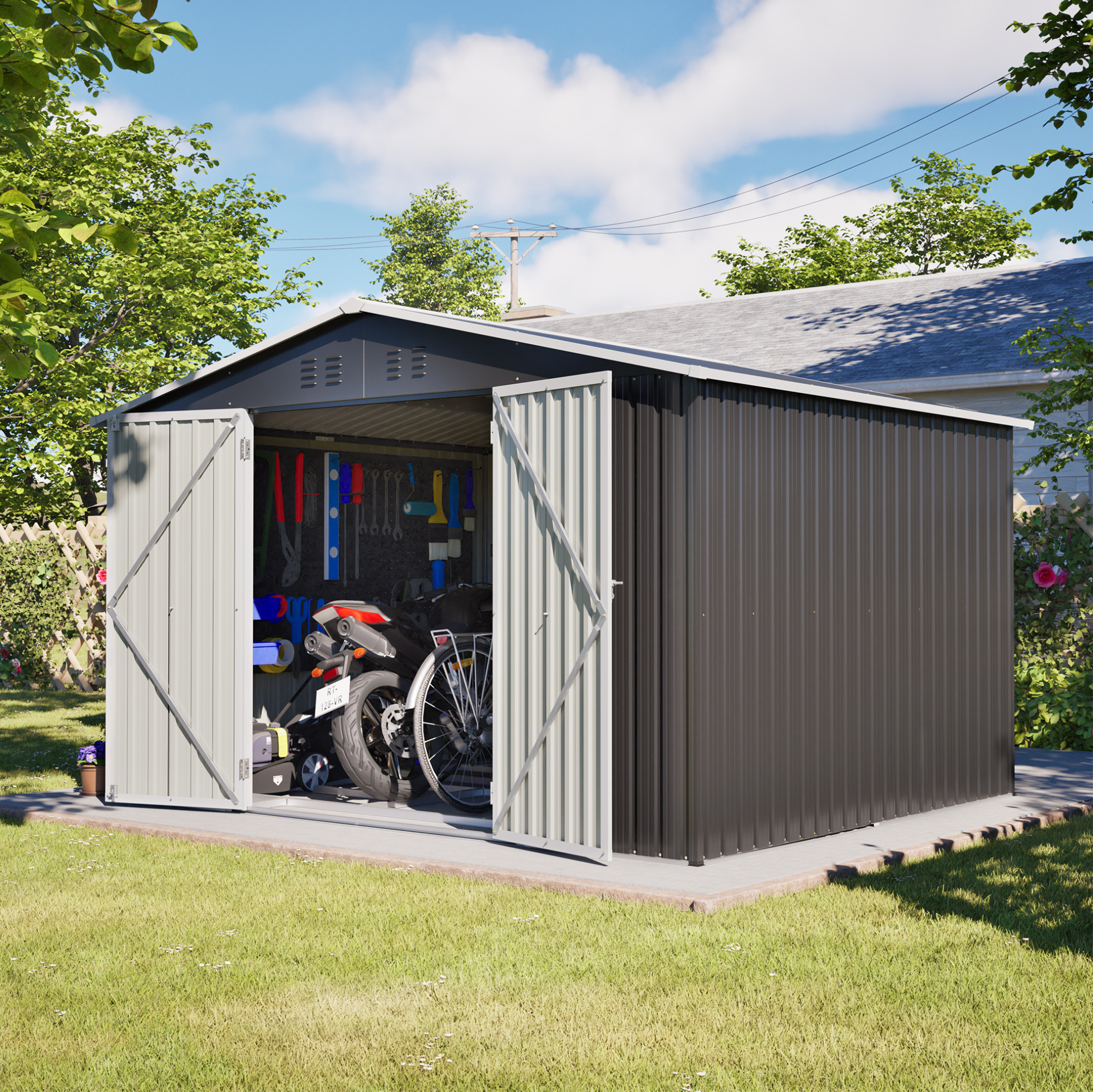 Metall-gartenschuppen 300 X 252 X 191 Cm, Dunkelgrau Okmyhome