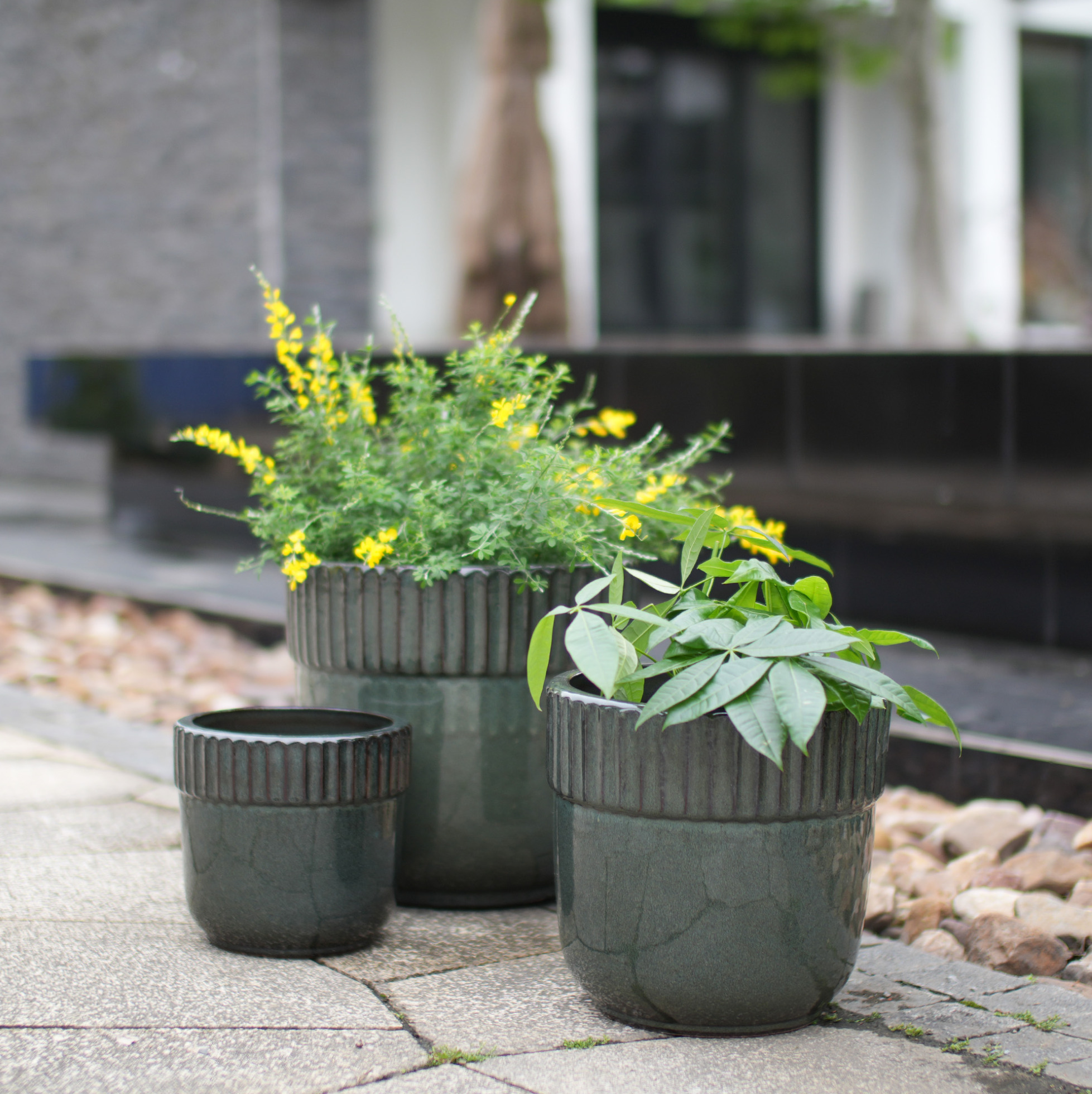 Keramik-blumentopf Ø 38 Cm, Glänzend Dunkelgrün, Mit Drainagelöchern, Okmyhome