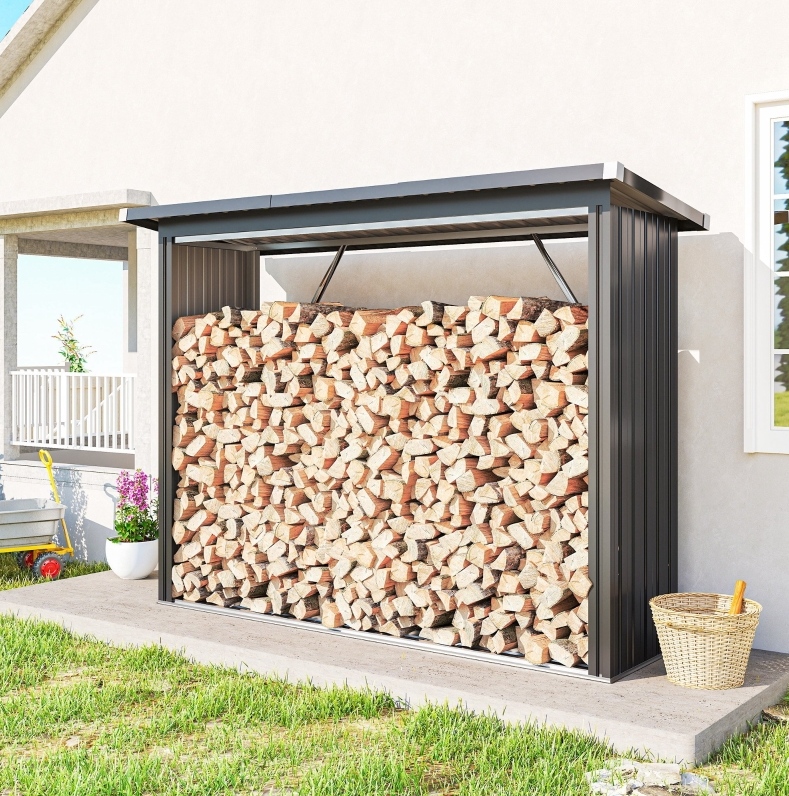 Brennholzregal Aus Stahl Mit Erhöhtem Boden Und Pultdach 213 X 66,5 X 150 Cm Dunkelgrau Okmyhome