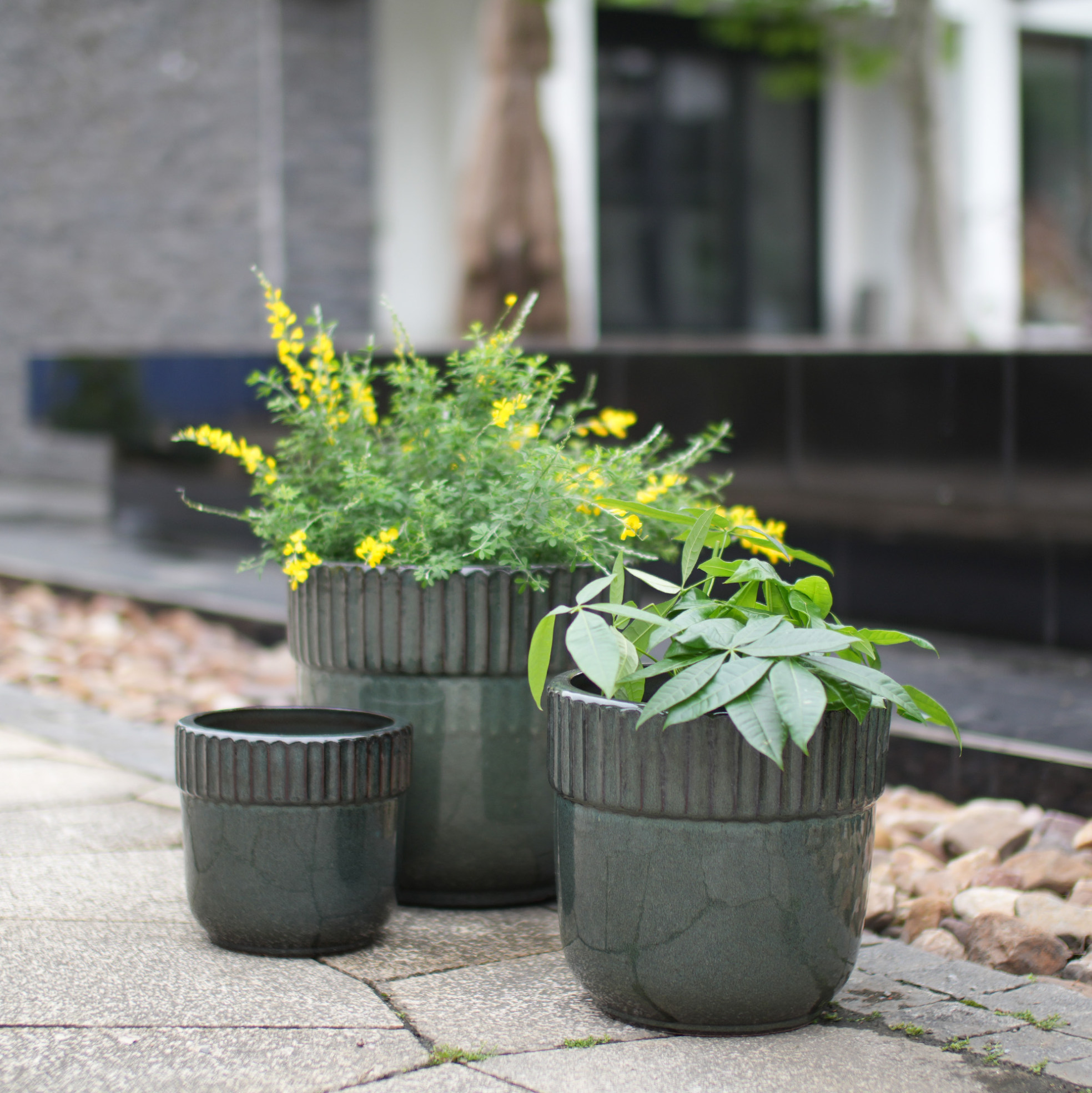 Keramik-blumentopf Ø 30,5 Cm, Glänzend Dunkelgrün, Mit Drainagelöchern Okmyhome