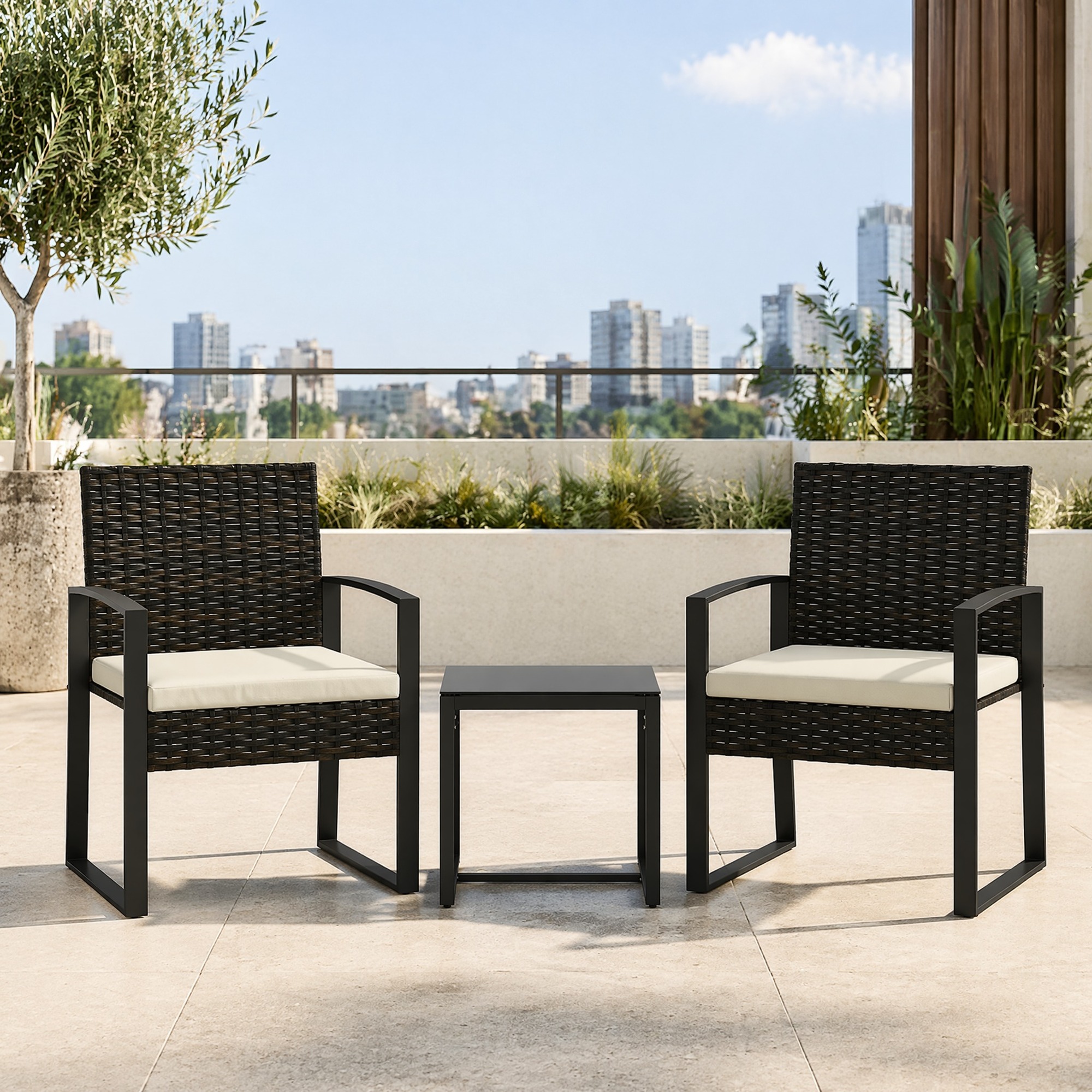 Gartenmöbel-set 3-teilig Mit 2 Stühlen, Tisch, Abnehmbare Kissen, Cremeweiß