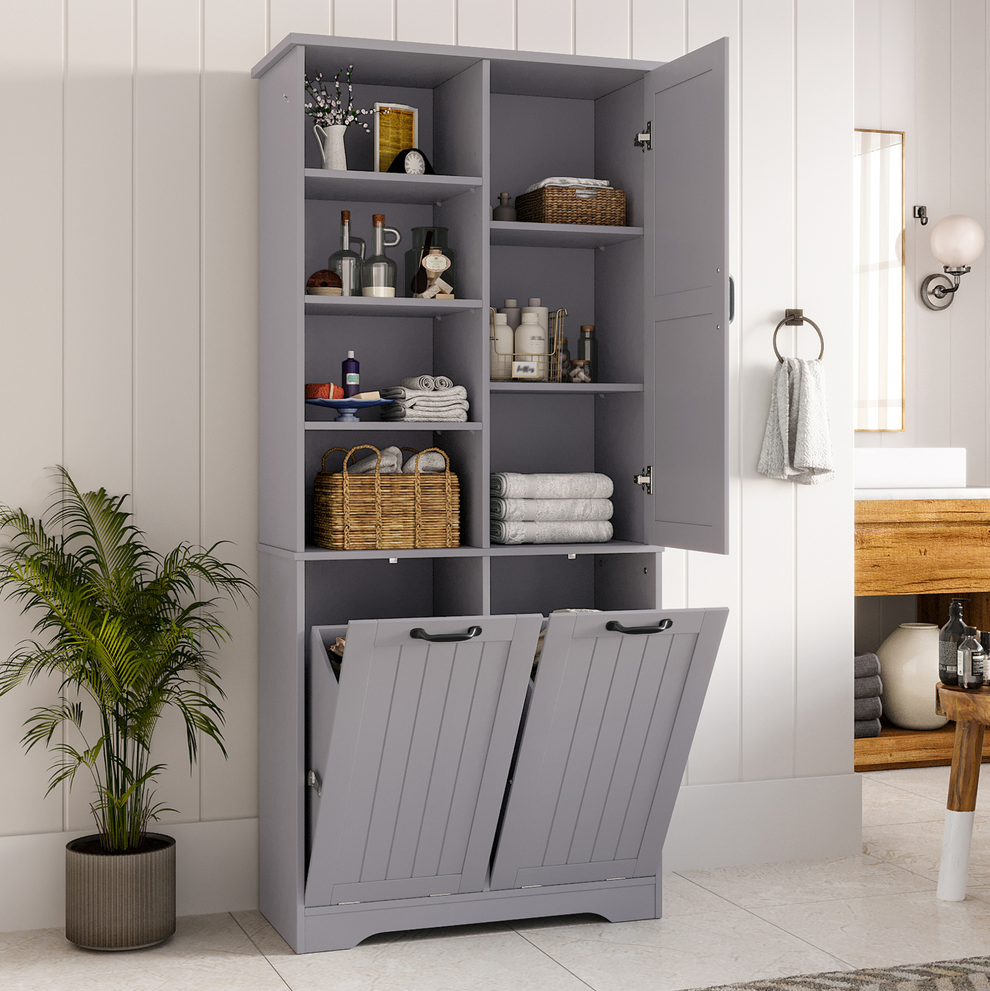 Badezimmerschrank 78 X 35 X 172,7 Cm Mit 2 Wäschekörben, Mdf, Grau Okmyhome