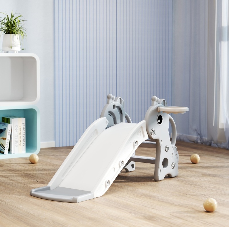 3-in-1 Kinder-rutsche In Giraffenform Mit Basketballkorb Und Ball, Grau Okmyhome