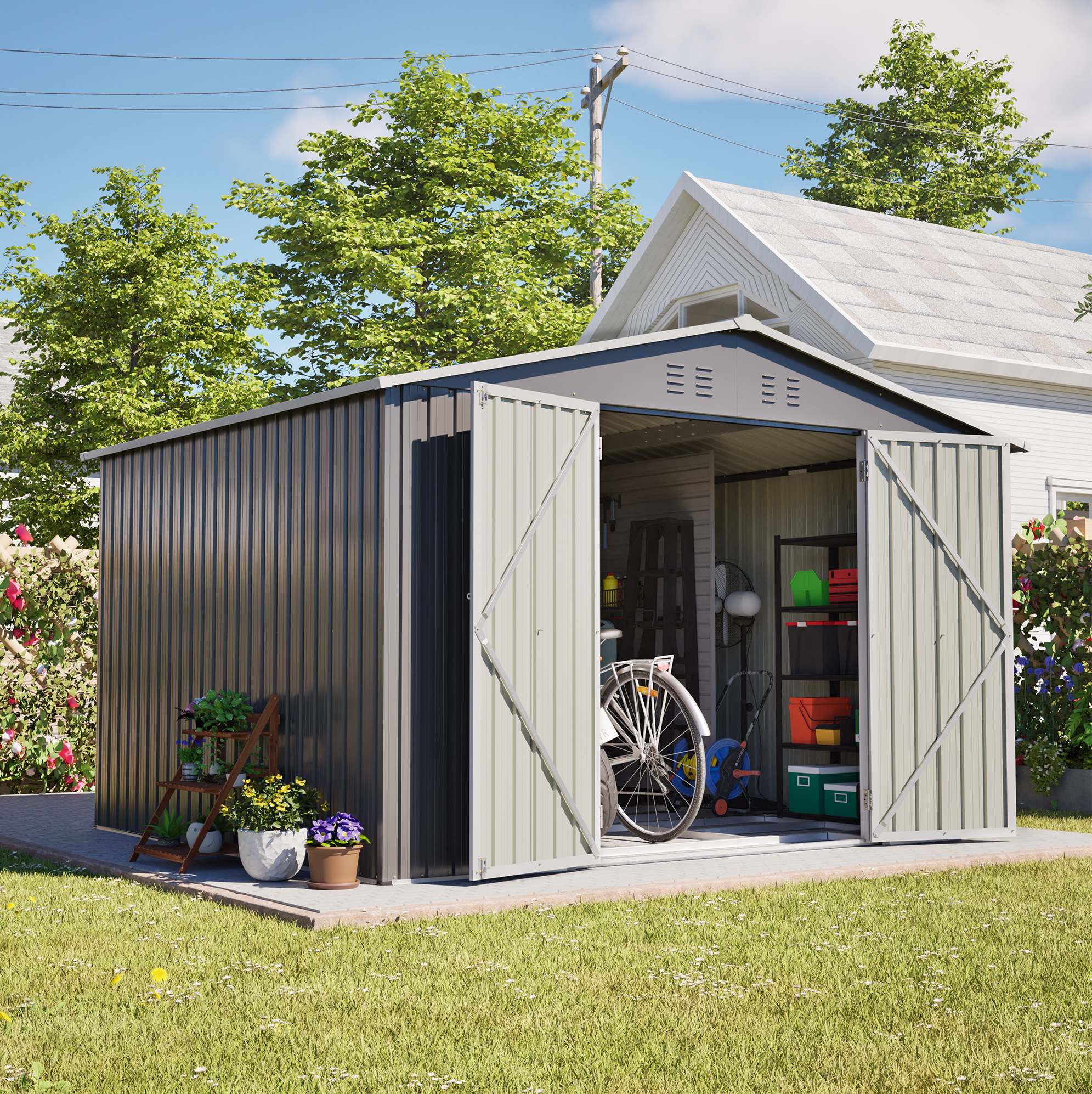 Metall-gartenhaus 300 X 252 X 191 Cm, Satteldach, Verzinkter Stahl, Grau, Okmyhome