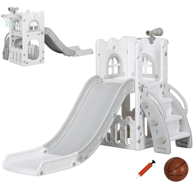 5-in-1 Kinderrutsche Mit Basketballkorb, Teleskop, Grau, 70 X 177 X 92 Cm