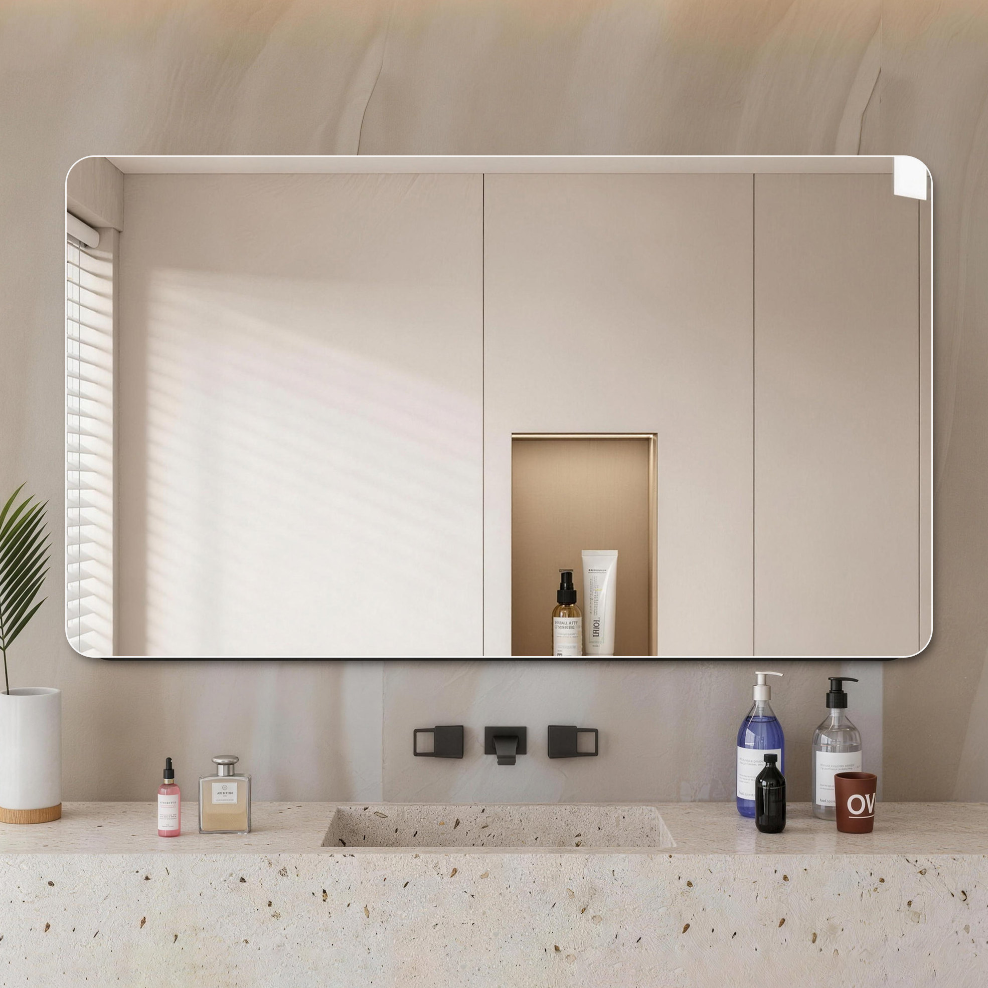 Wand-badezimmerspiegel 100 X 60 Cm Rahmenlos, Abgerundete Ecken, Silber Okmyhome