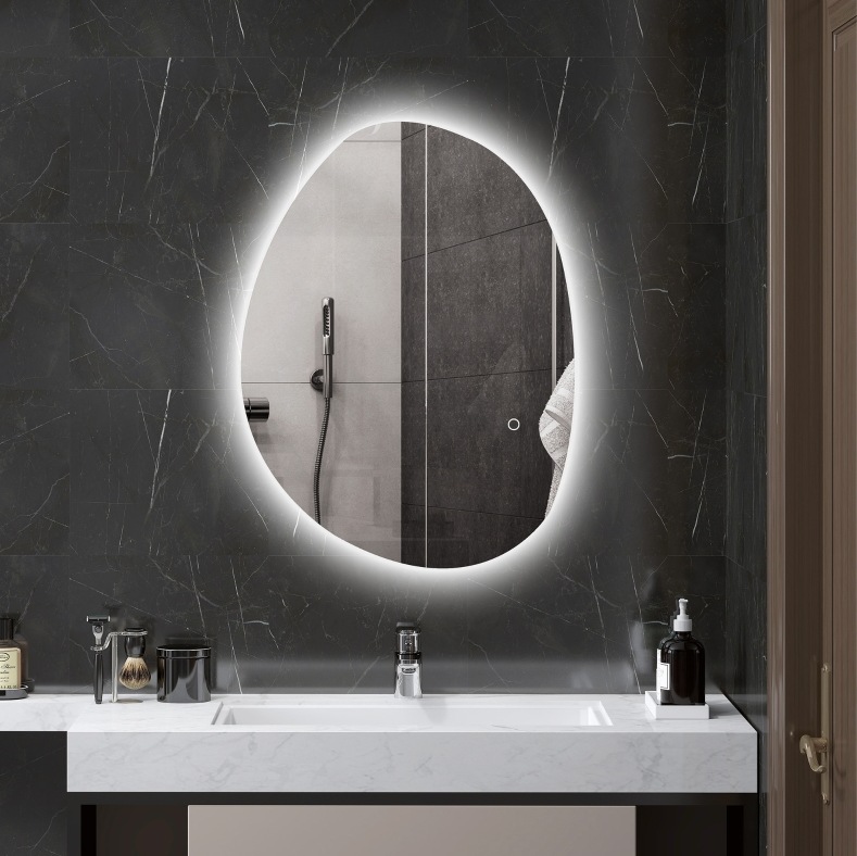 Asymmetrischer Led-badezimmerspiegel 70 X 50 Cm, Anti-beschlag, Smart Touch, Silber Okmyhome