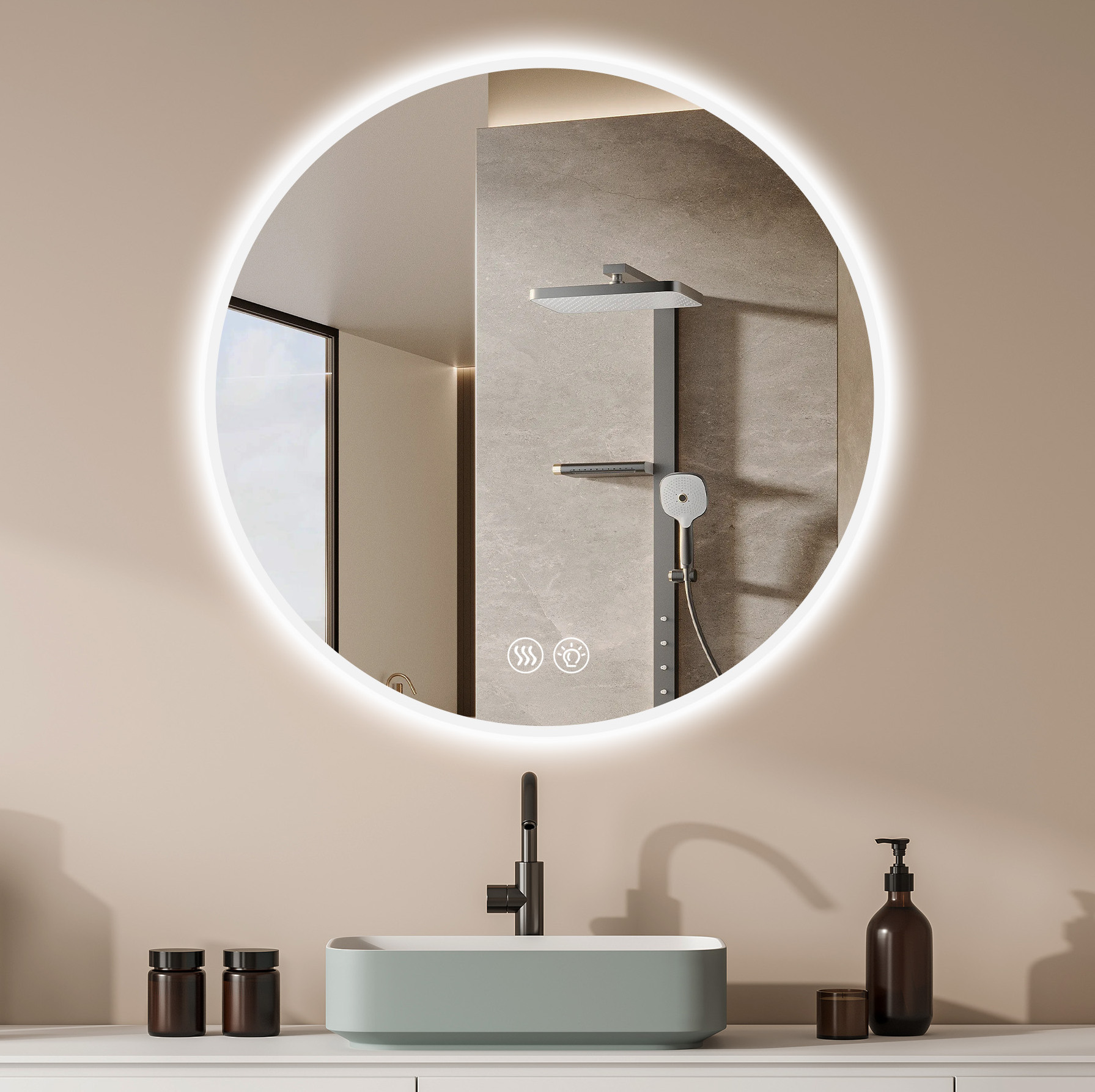 Runder Led-badezimmerspiegel 70 Cm, Beschlagfrei, 3 Lichtfarben, Dimmbar Okmyhome
