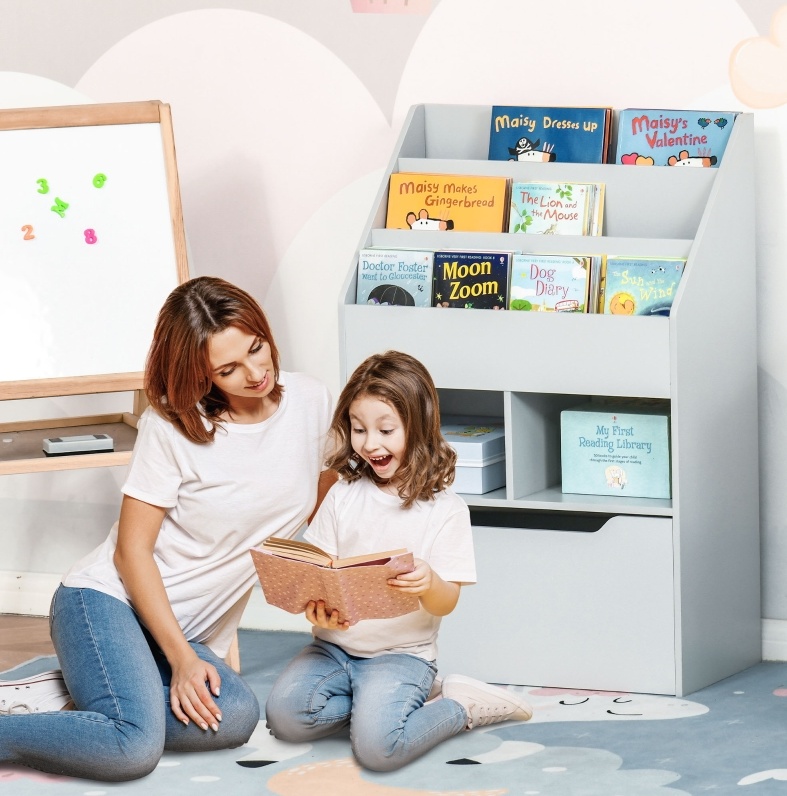 Graues Kinderbücherregal Mit Schublade, 3 Fächern Und 2 Nischen Okmyhome