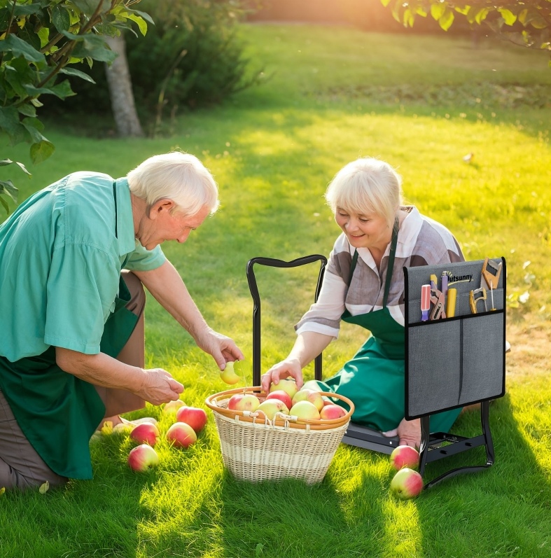 2-in-1 Klappbare Gartenbank Mit Knieschutzpolster Und Werkzeugtasche, Grau Okmyhome
