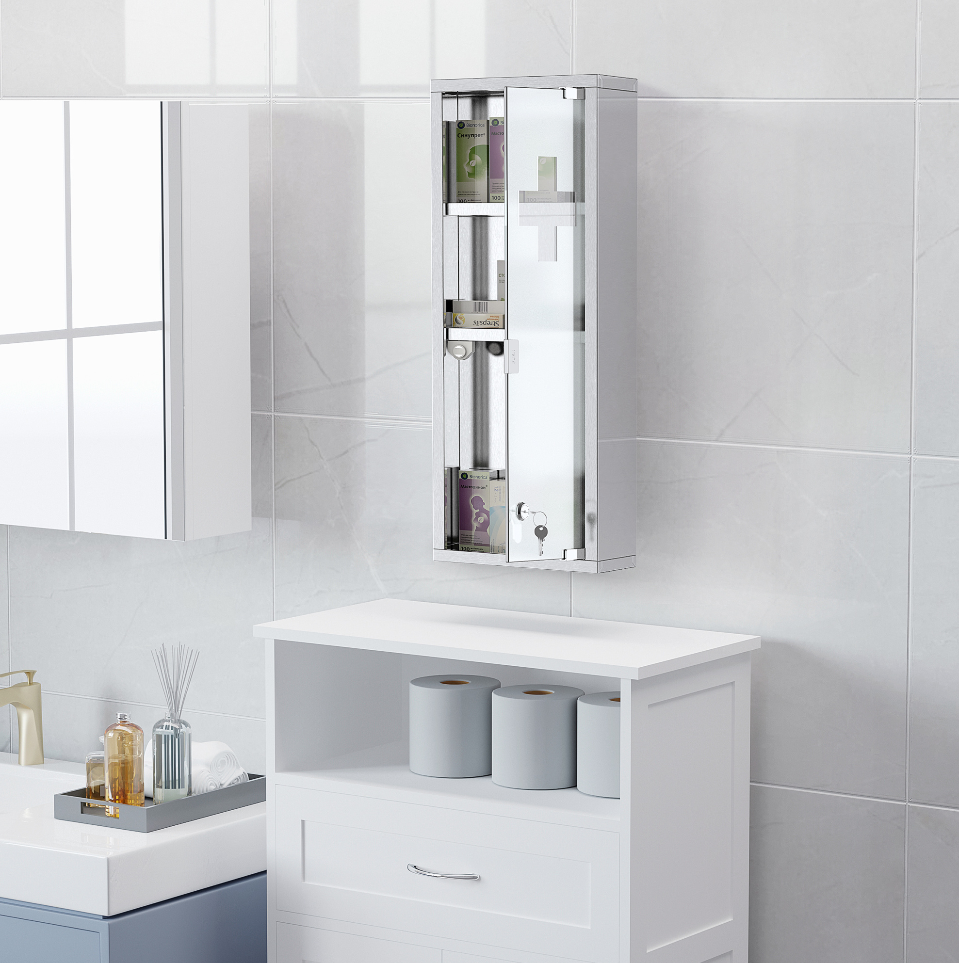 Abschließbarer Wandschrank Für Medikamente Aus Edelstahl Und Milchglas 20 X 12 X 58 Cm Okmyhome