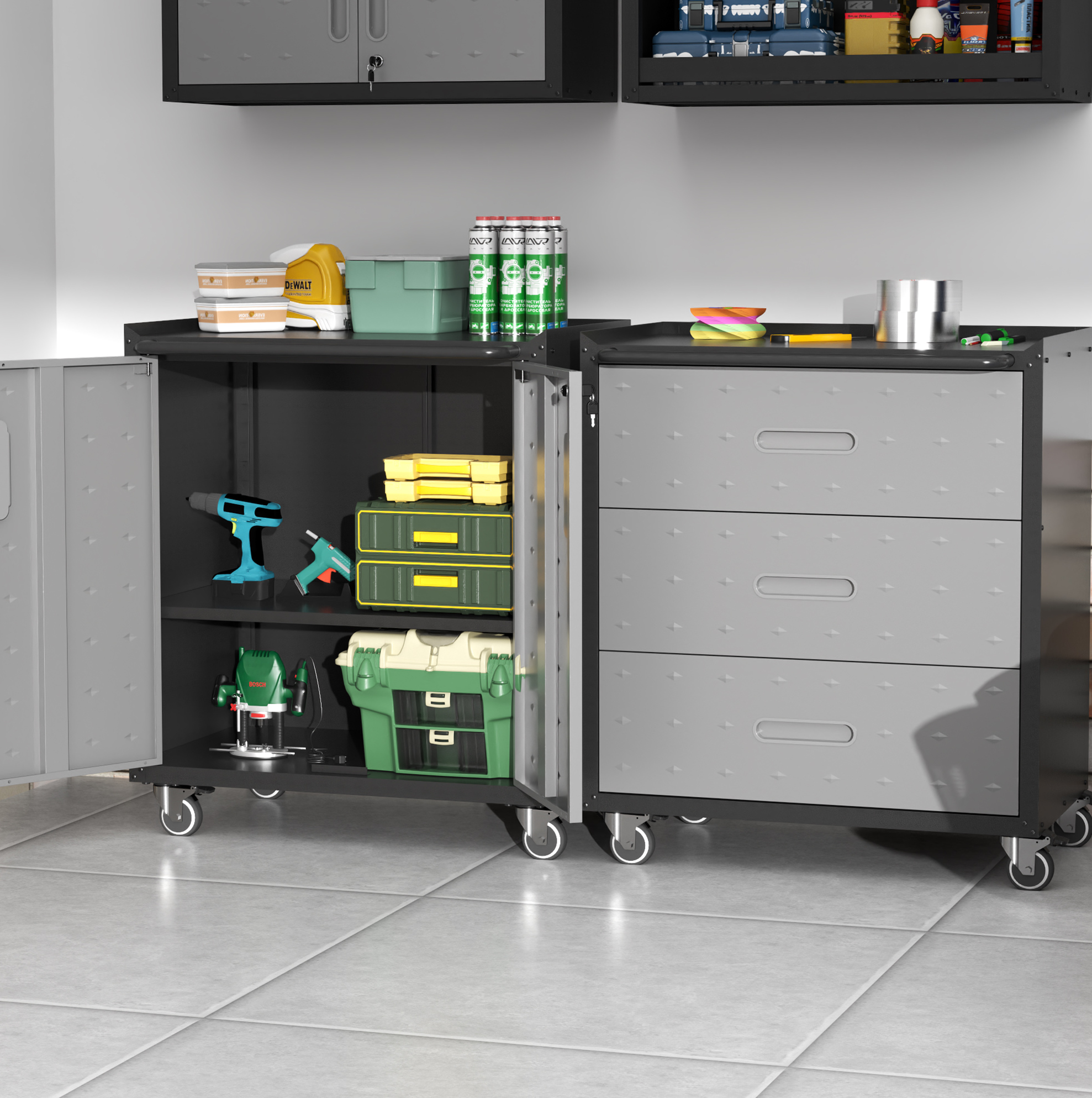 Rollcontainer Mit 3 Schubladen, 75 X 42 X 88 Cm, Metall Schwarz Und Grau Okmyhome