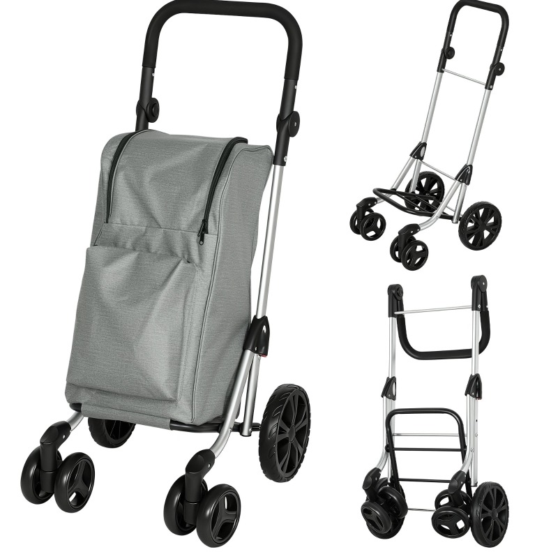 Faltbarer Einkaufstrolley 46 L Mit Isolierfach, Verstellbarem Griff, Aluminium, Grau Okmyhome