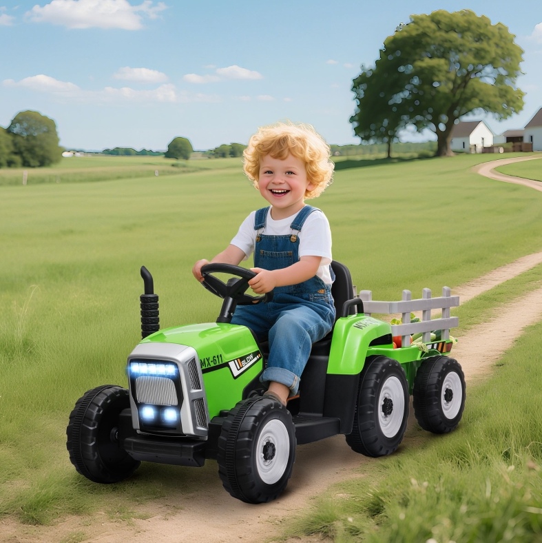 Elektrischer Kindertraktor Mit Anhänger, Fernbedienung, 6 Km/h, Grün/schwarz Okmyhome