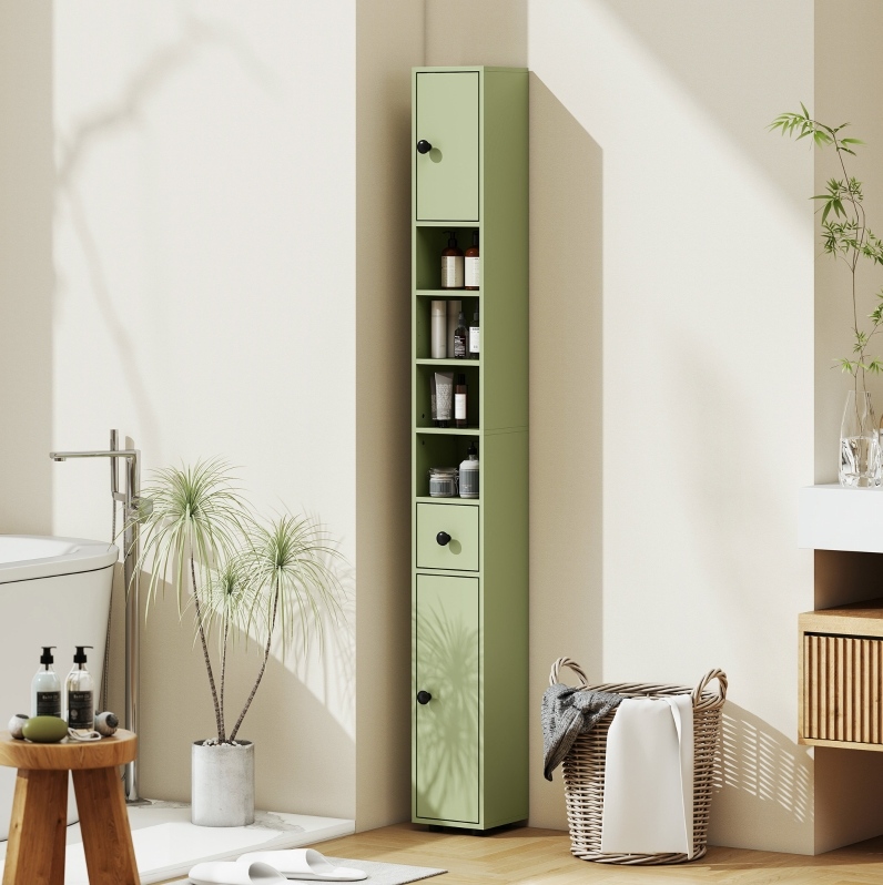 Schmales Badezimmerregal 20 X 20 X 180 Cm Mit Schublade Und 4 Offenen Fächern, Grün Okmyhome