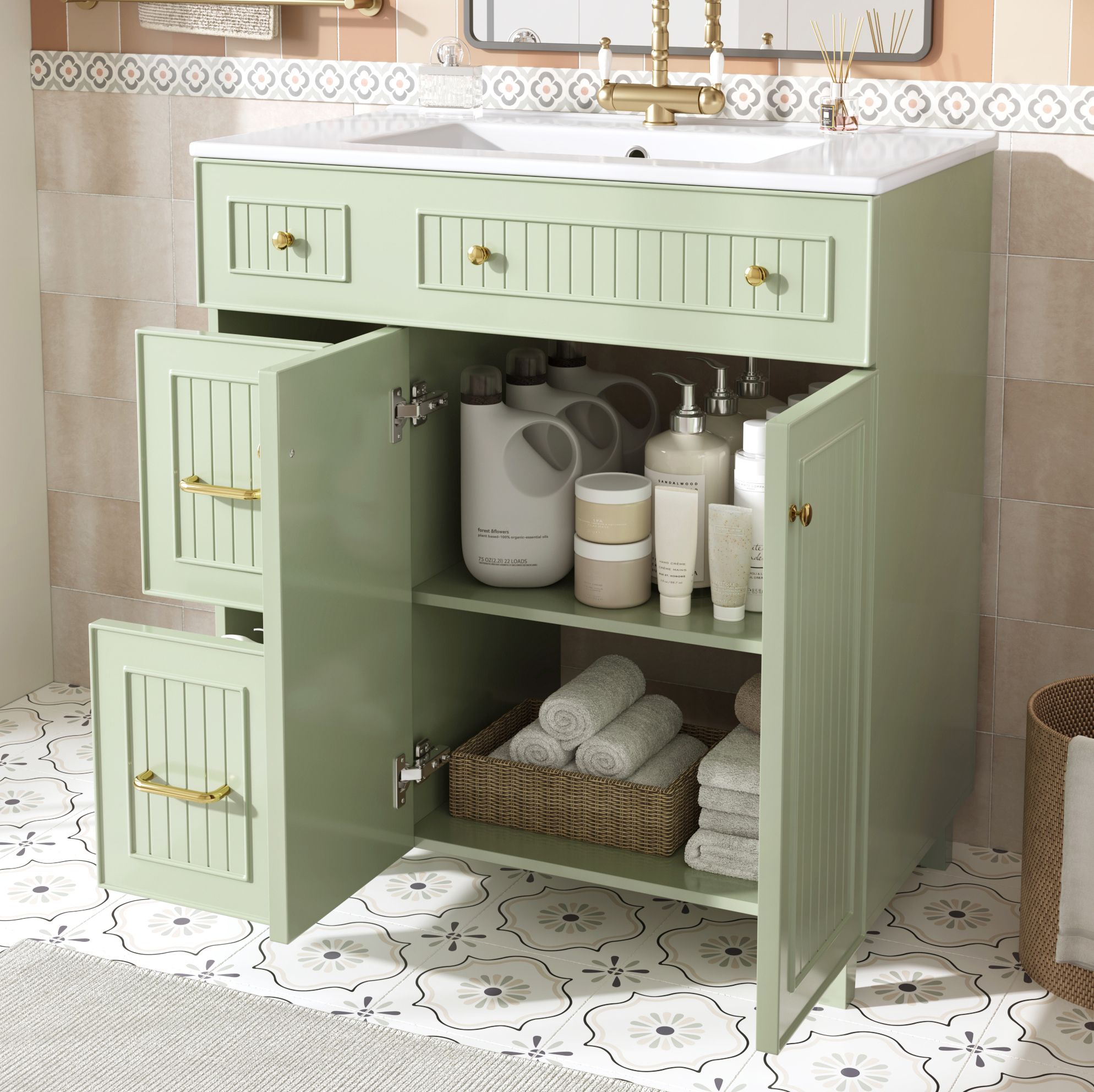 Waschtischunterschrank Mit Waschbecken 81,7 X 46,8 X 90 Cm Grün Okmyhome