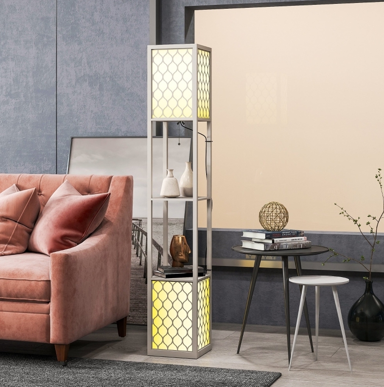 Moderner Stehlampe Mit 2 Regalen, Kette, 26 X 26 X 156 Cm, Hellgrau Okmyhome