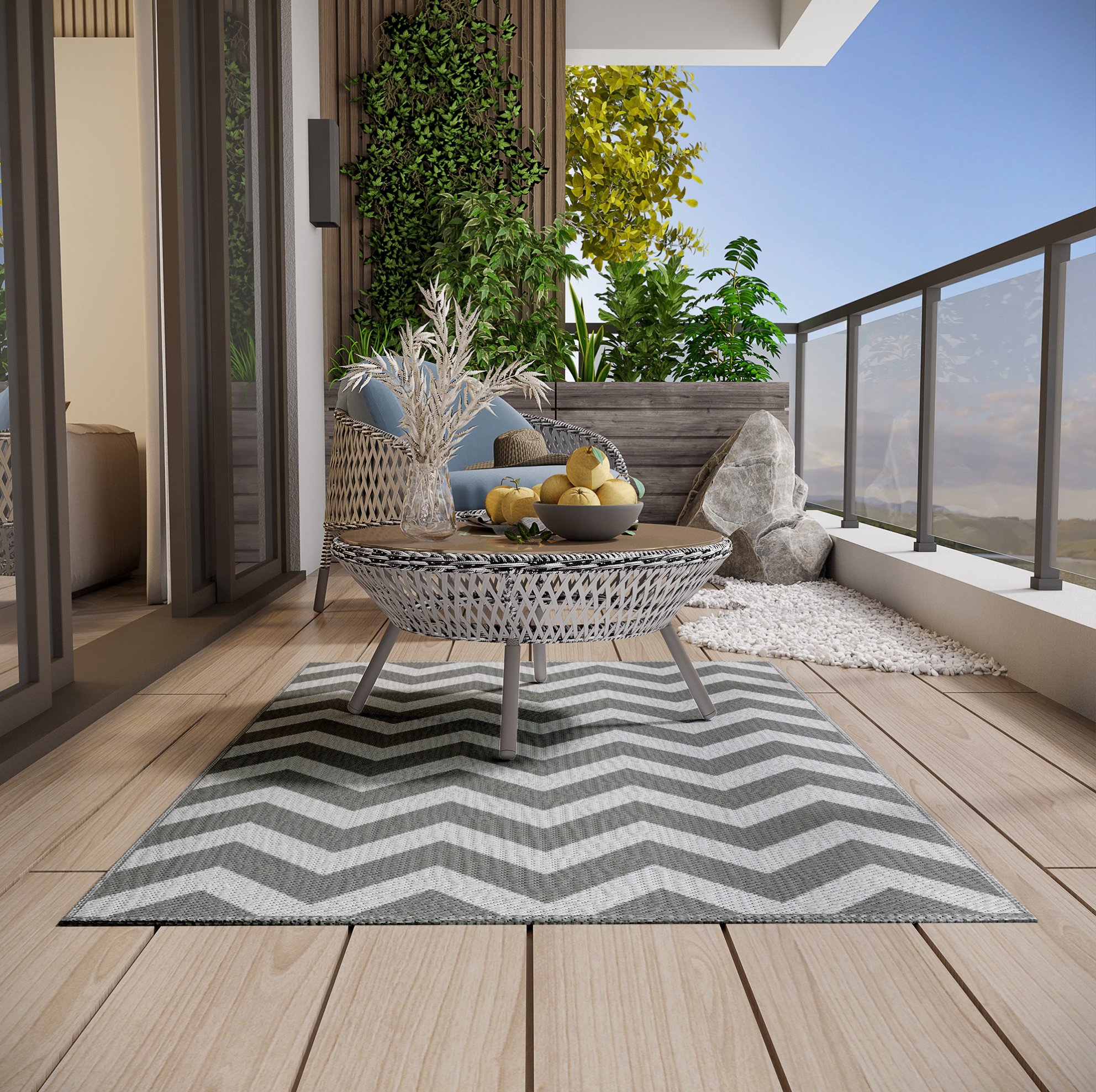 Wasserfester Outdoor-teppich Aus Polypropylen 121 X 182 Cm, Hellgrau Und Weiß Okmyhome