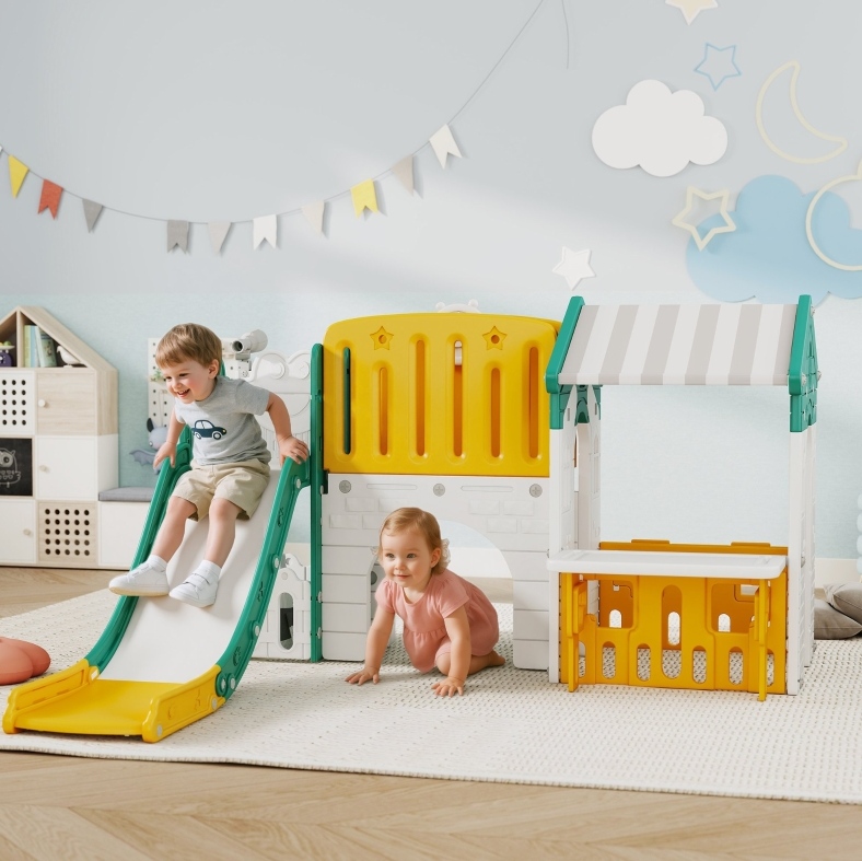 7-in-1 Kinder-rutsche Für Innen, Spielplatz Aus Kunststoff, Gelb Und Grün Okmyhome