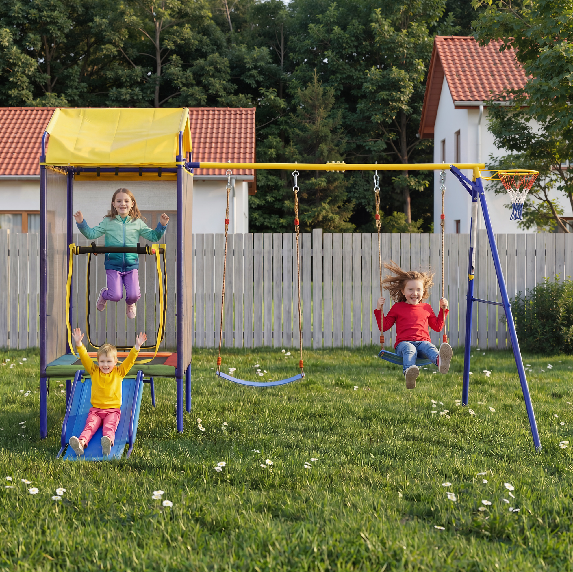 4-in-1 Outdoor-spielplatz Für Kinder, Trampolin, Doppelschaukel Und Rutsche