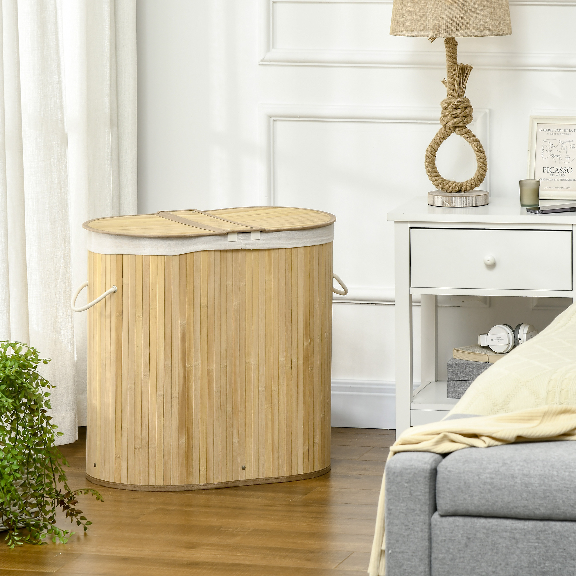 Wäschekorb Mit Deckel, 2 Fächer, Herausnehmbare Einlage, Bambus, Natur Okmyhome