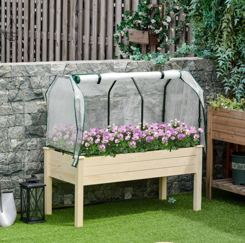 Hochbeet Mit Aufrollbarer Folienabdeckung, Naturholz, Stoffauskleidung, 121 X 55 X 117 Cm Okmyhome