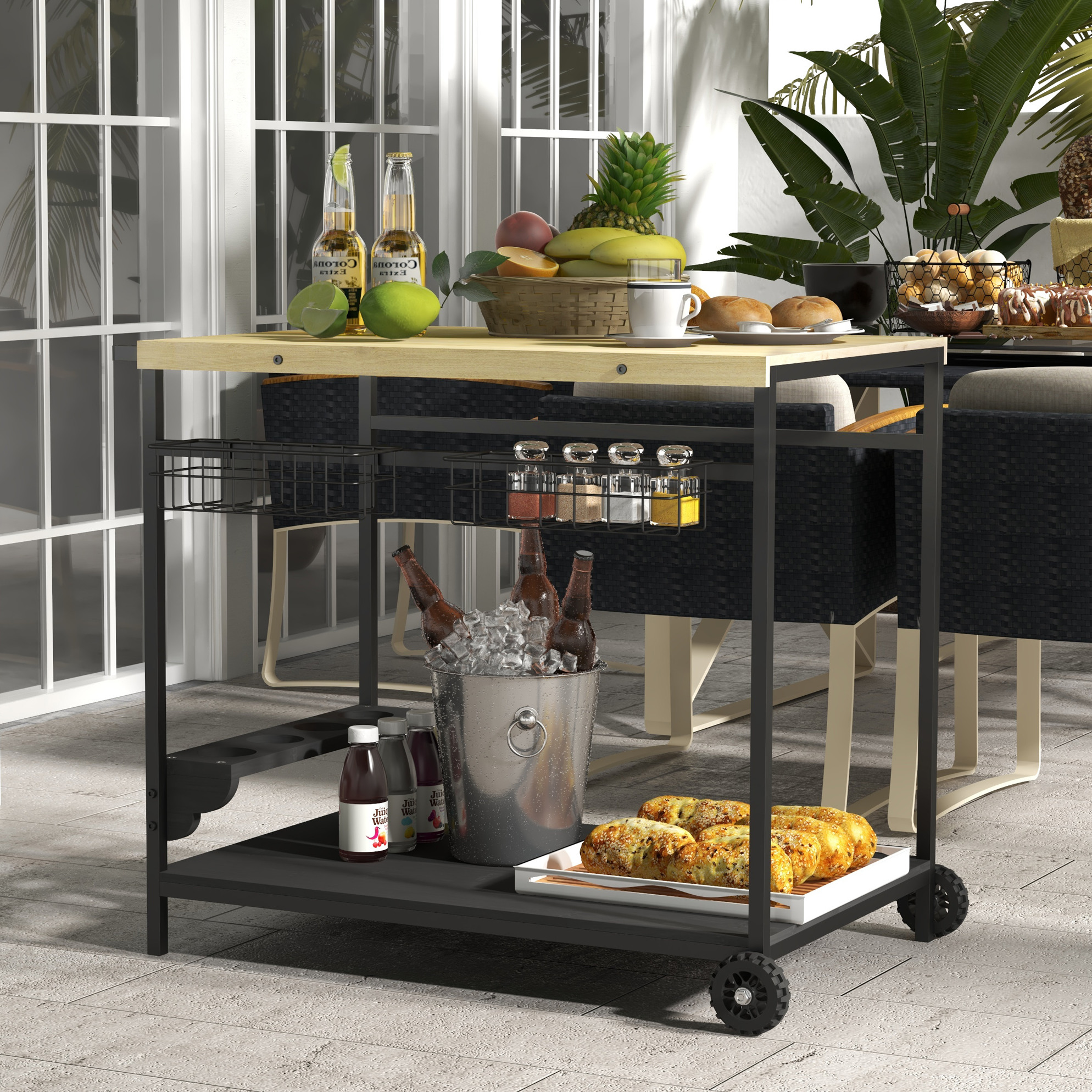2-stufiger Garten-servierwagen Aus Tannenholz Mit Korb Okmyhome
