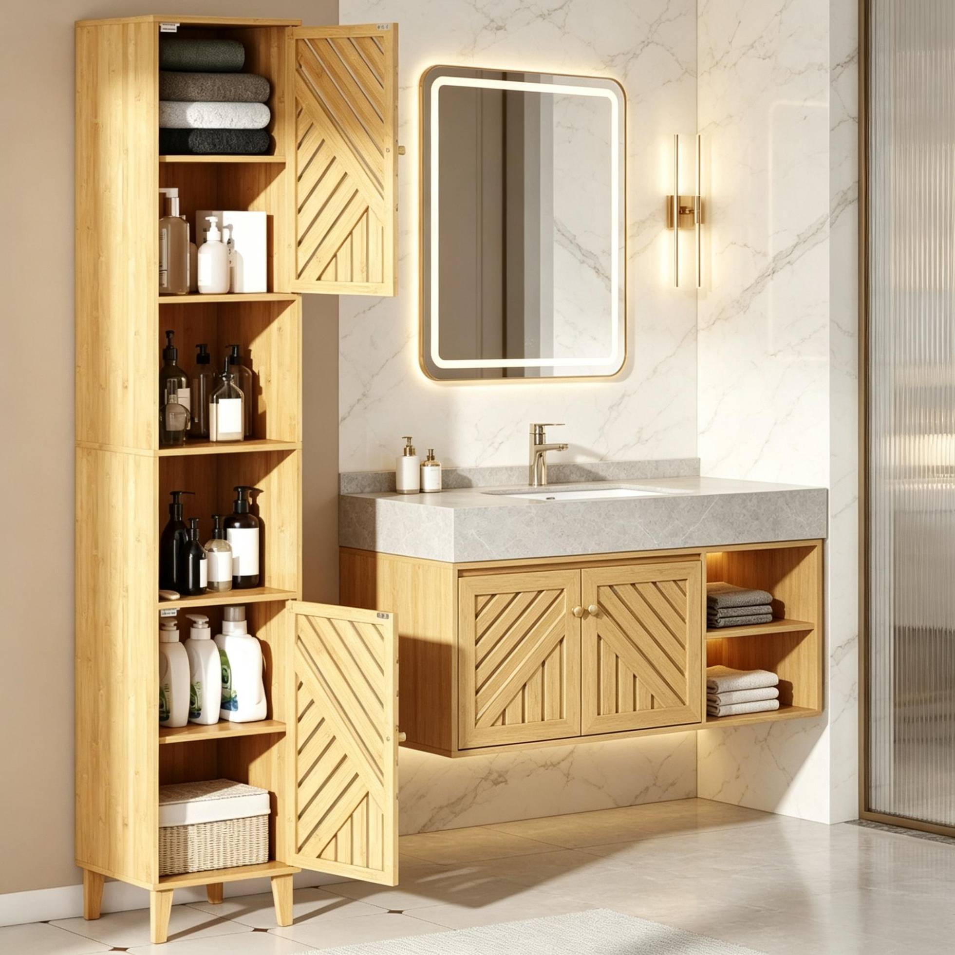 Hoher Eck-badschrank Mit Offenen Fächern Und Verzierten Türen, Natur, Okmyhome