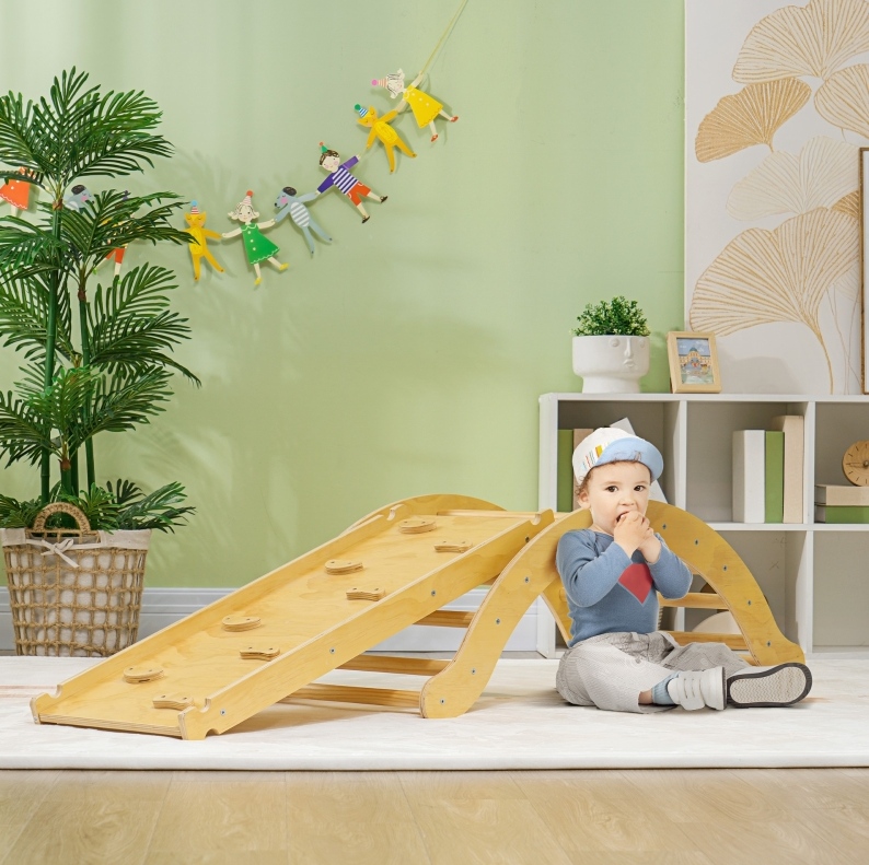 4-in-1 Kletterset Für Kinder Mit Wenderrampe, Kissen, Naturholz Okmyhome