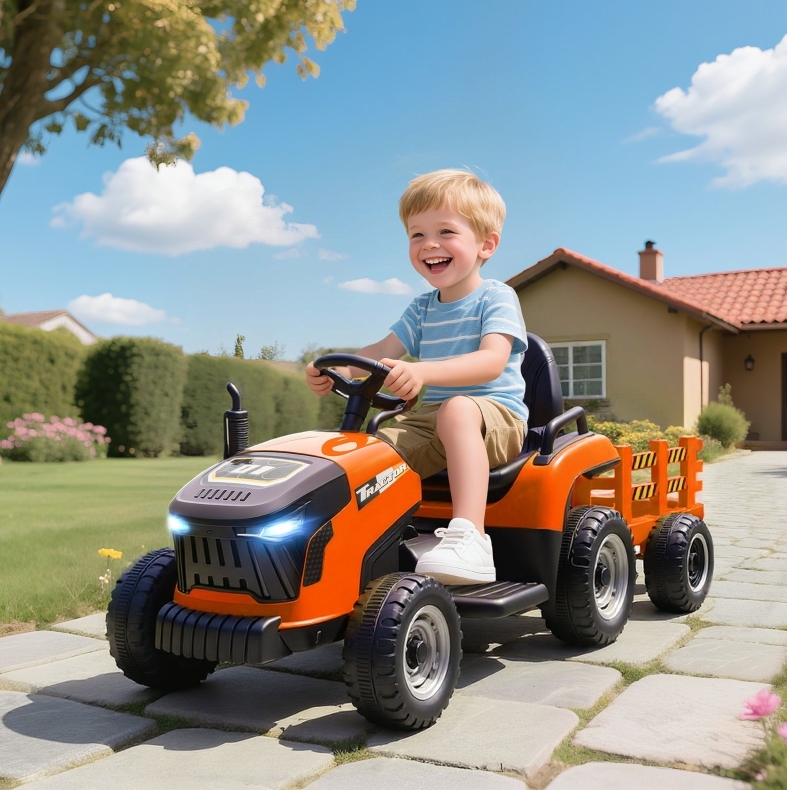 Elektrischer Kindertraktor Mit Abnehmbarem Anhänger, 12 V, Orange Okmyhome