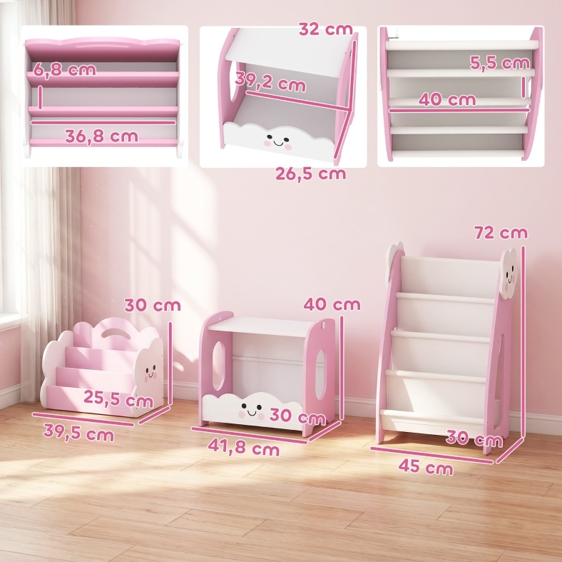 3-in-1 Kinderregal, Aufbewahrungsmöbel Mit 4 Taschen, 3 Ebenen, Rosa Okmyhome