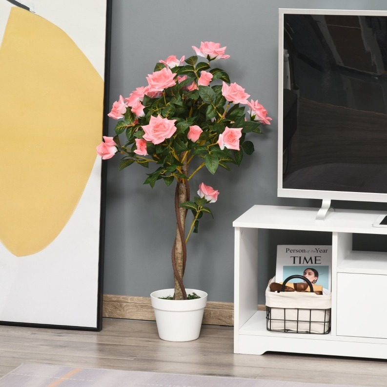 Künstliche Rose 90 Cm, Rosa Dekopflanze Aus Kunststoff Im Topf, Realistischer Effekt Okmyhome