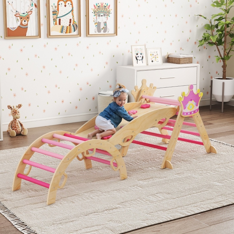 8-in-1 Klettergerüst Für Kinder, Prinzessinnen-design, Holz, Rosa, Okmyhome